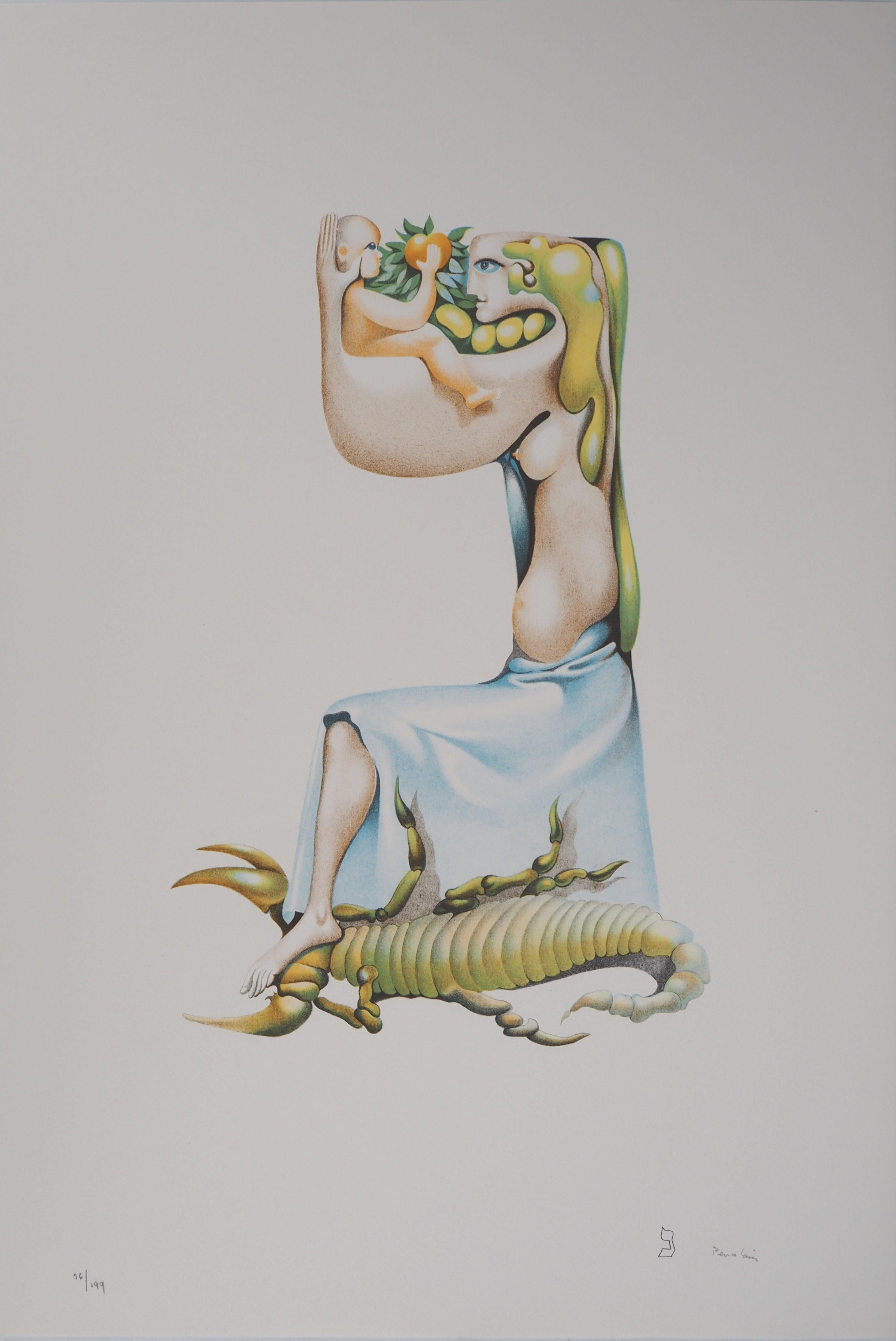 Figurative Print Jules PERAHIM - Maternité mystique : enfant avec une pomme - Lithographie originale, signée