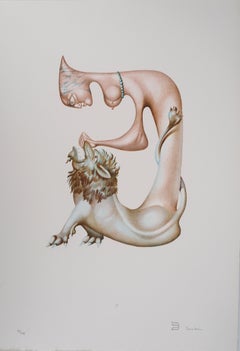 Retro Woman and Lion - Original lithograph, Signed