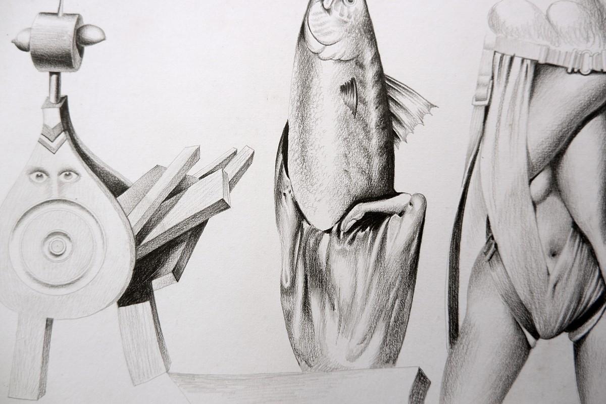 Jules Perahim Surrealist Drawing, Signed and Dated, France, 1976 3