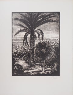 Cannes : Vista desde el parque California - Corte de madera original, Firmado a mano