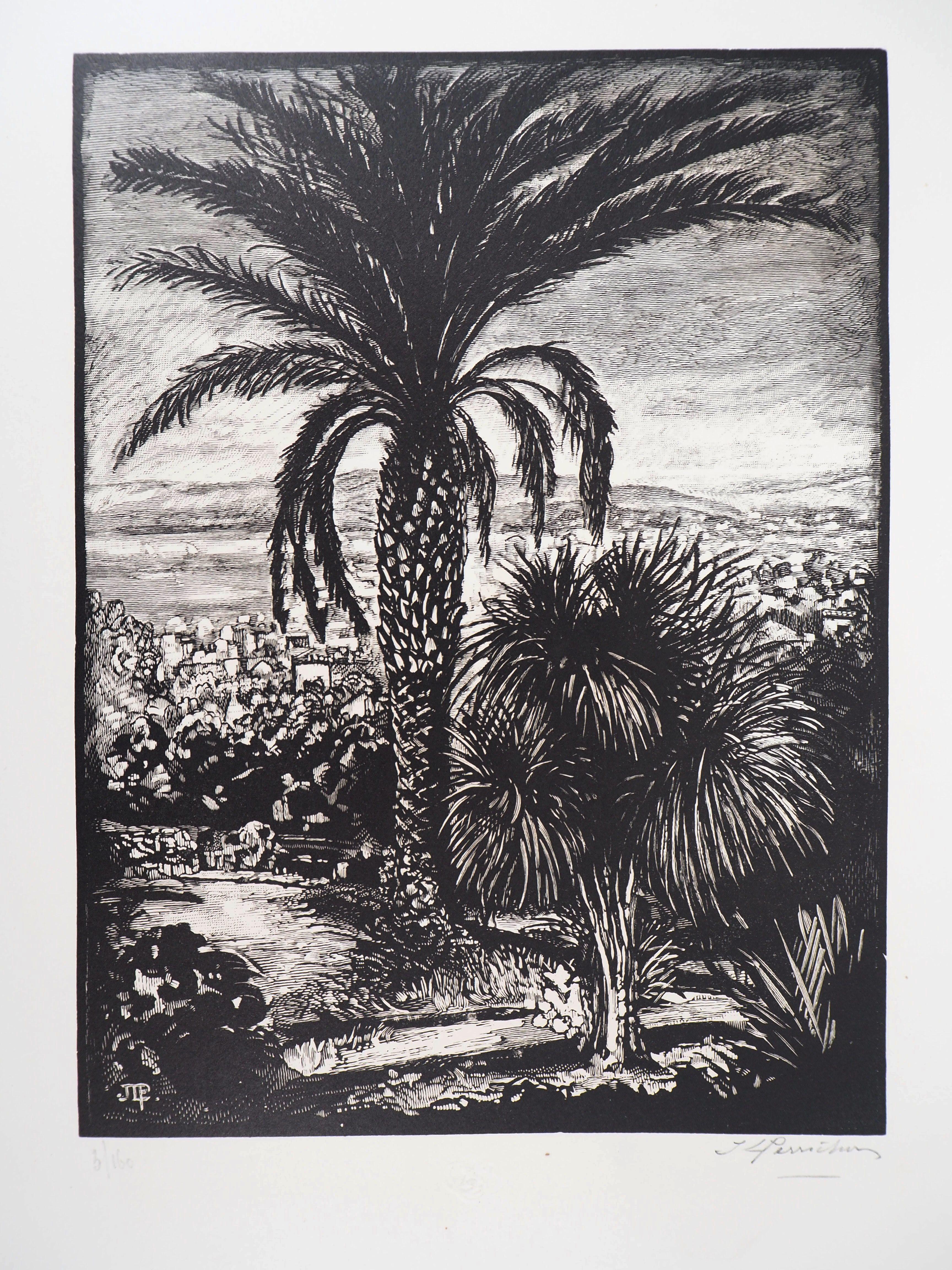 Landscape Print di Jules PERRICHON - Cannes : Vista dal Parco della California - Legno originale, firmato