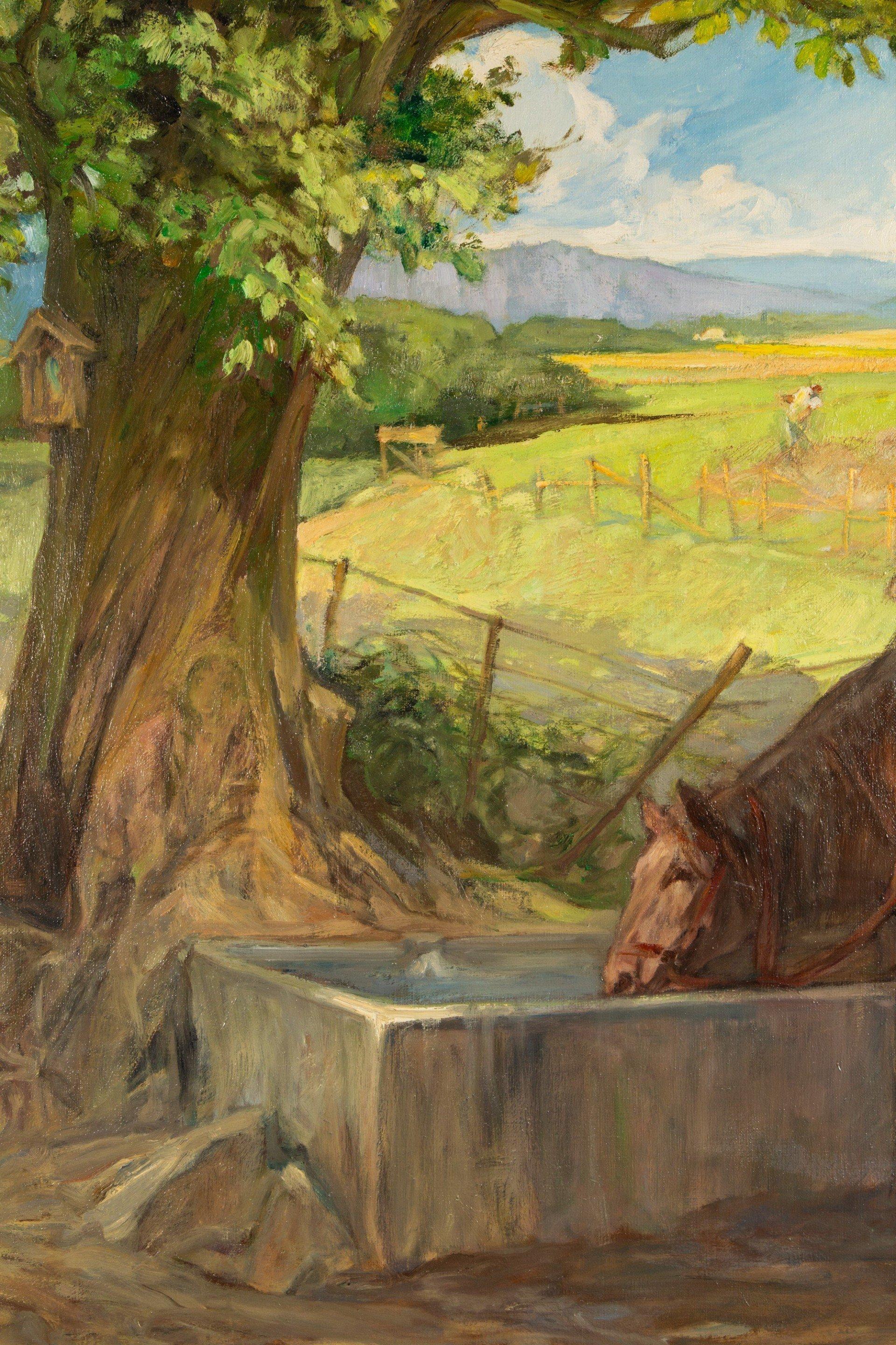 Pferde, die am Wasserstellen ruhen, Öl auf Leinwand von Jules Pierre Van Biesbroec im Angebot 4
