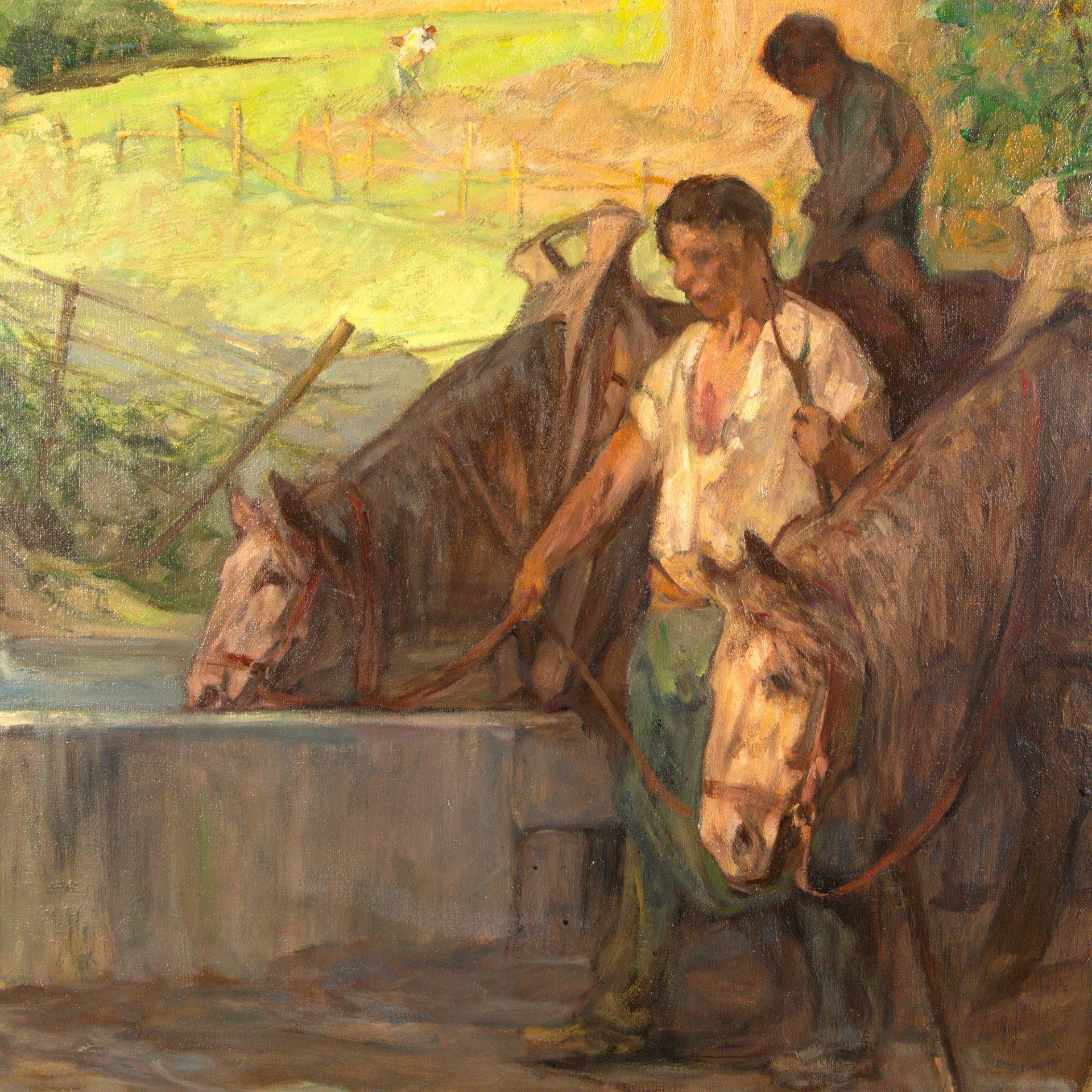 Horses resting at the watering place Oil on canvas by Jules Pierre Van Biesbroec