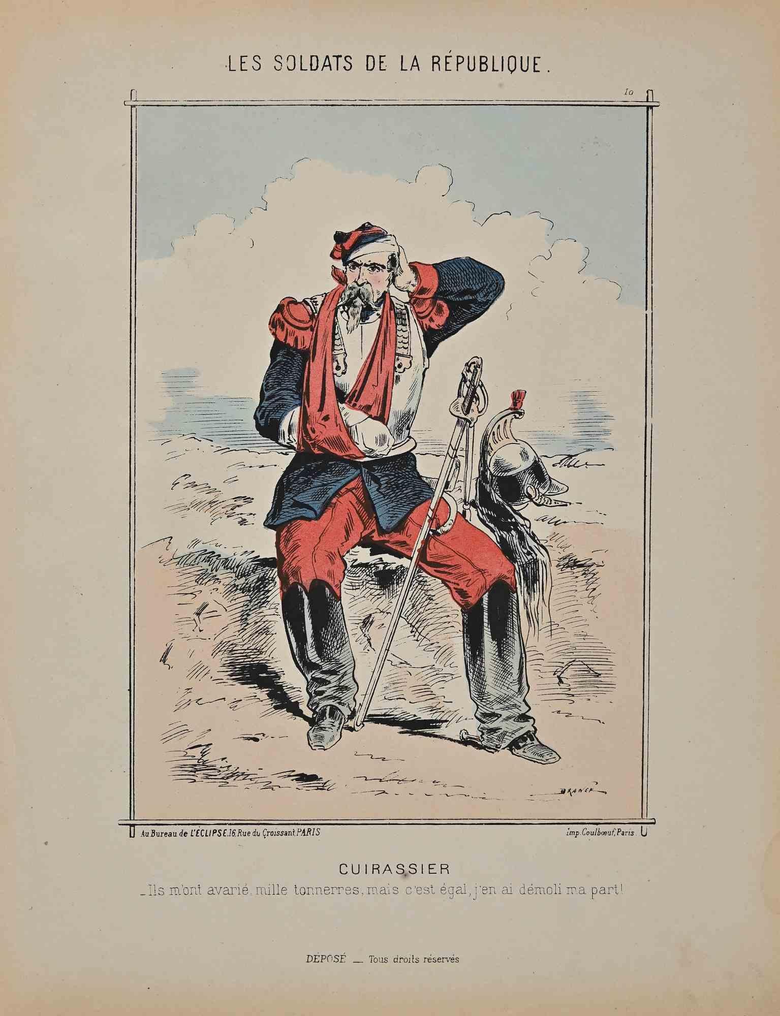 Cuirassier ist eine Original-Lithographie von Jules Renard aus dem 19. Jahrhundert.

Es ist Teil der Sammlung "Soldaten der Republik".

Handsigniert.

Guter Zustand.

Draner, eigentlich Jules Joseph Georges Renard (12. November 1833 in Lüttich -