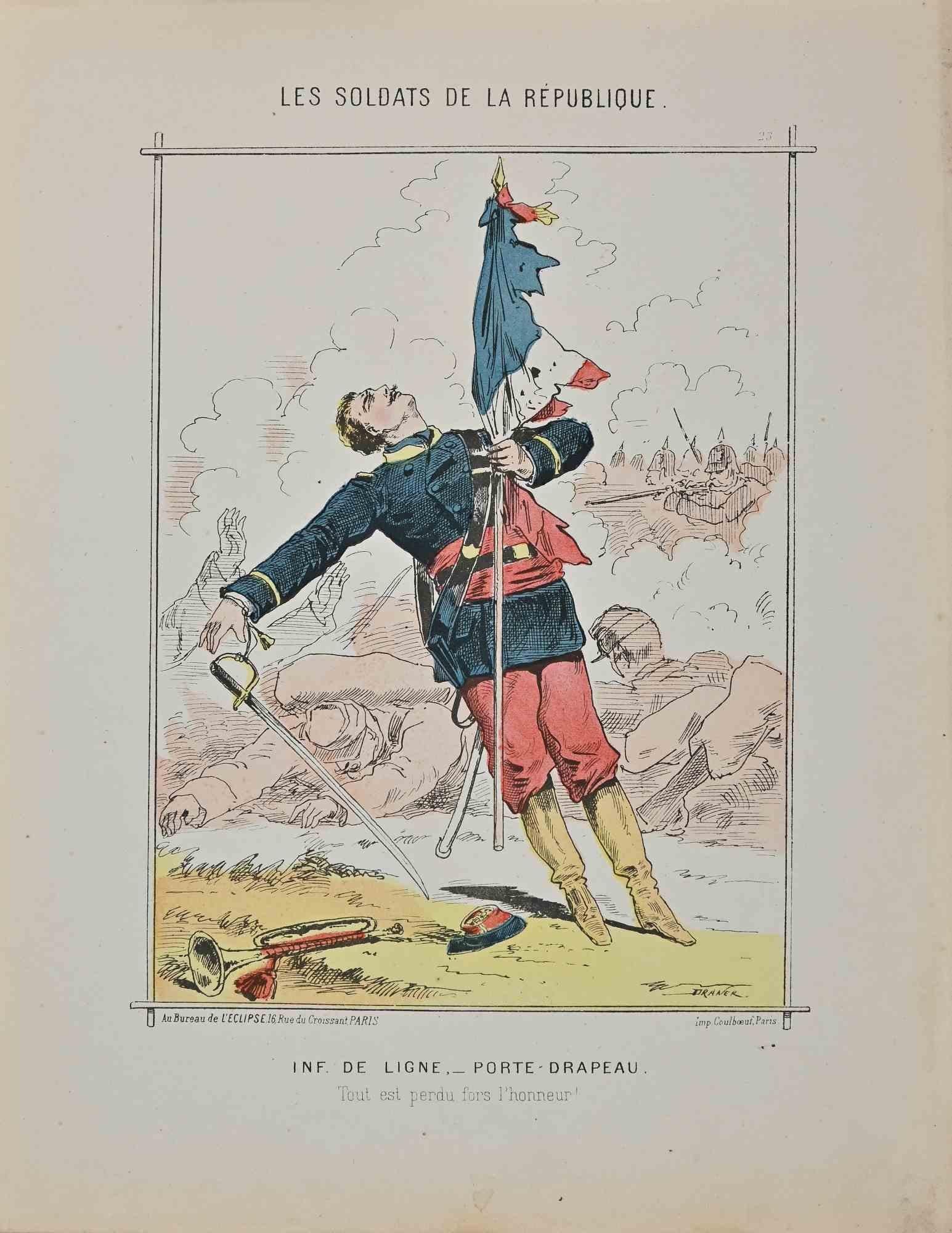 Flag-Holder is an original lithograph realized by Jules Renard in 19th Century.

It is part of the collection "Soldiers of the Republic".

Good condition.

Draner, actually Jules Joseph Georges Renard (12 November 1833 in Liège – 1926 in Paris), was