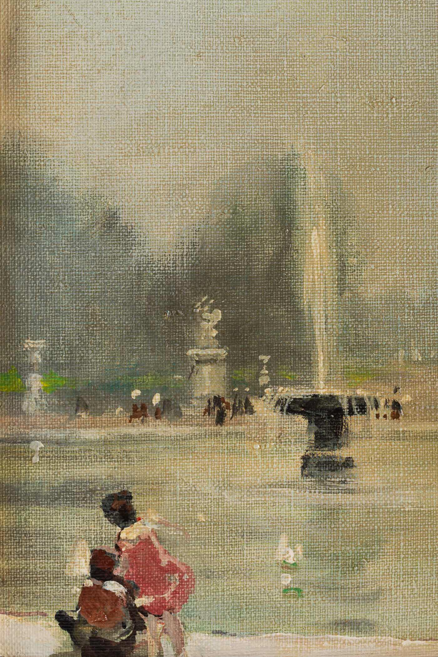 French Jules René Hervé Oil on Canvas Le Bassin du Jardin des Tuileries in Paris, 1930s For Sale