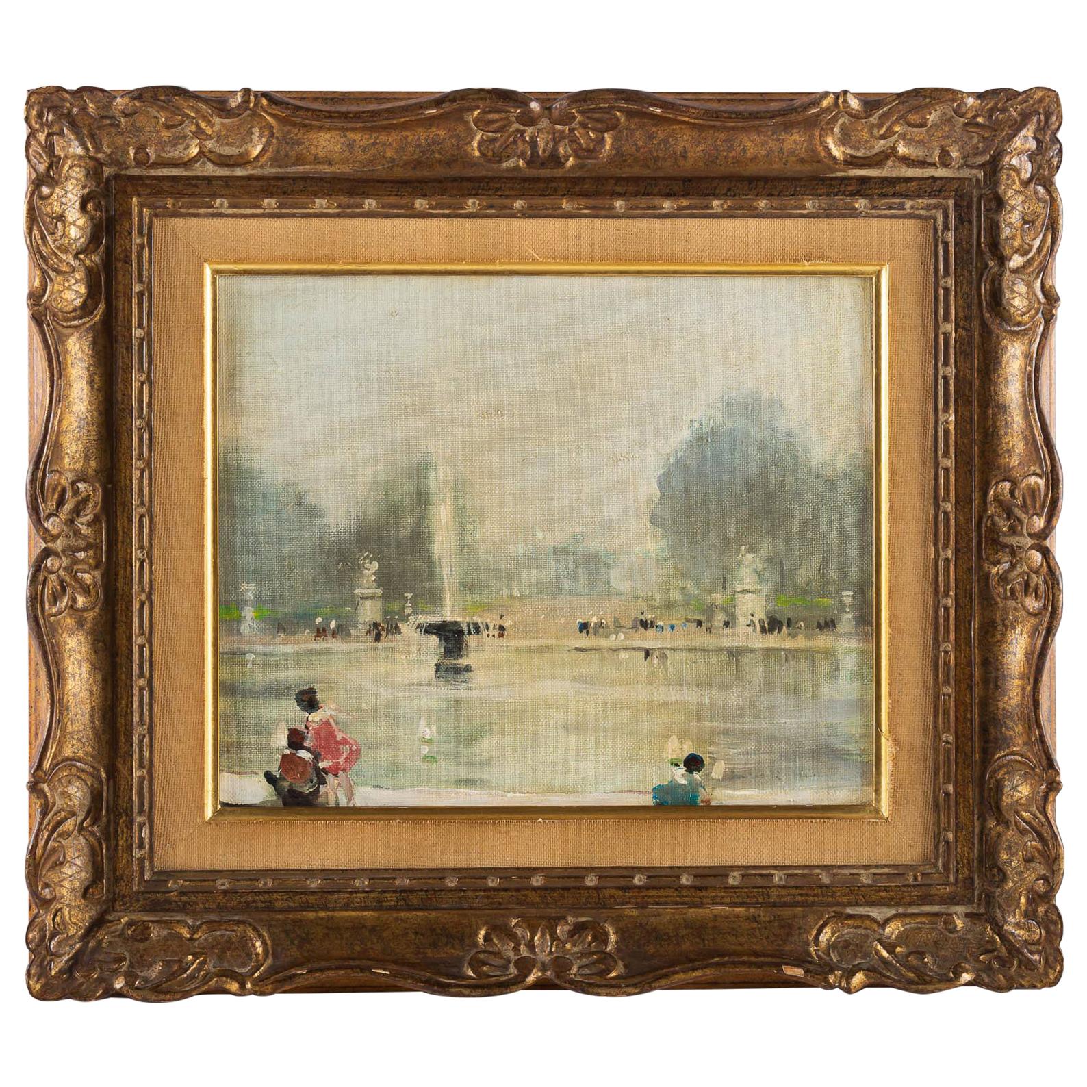 Jules René Hervé Oil on Canvas Le Bassin du Jardin des Tuileries in Paris, 1930s For Sale