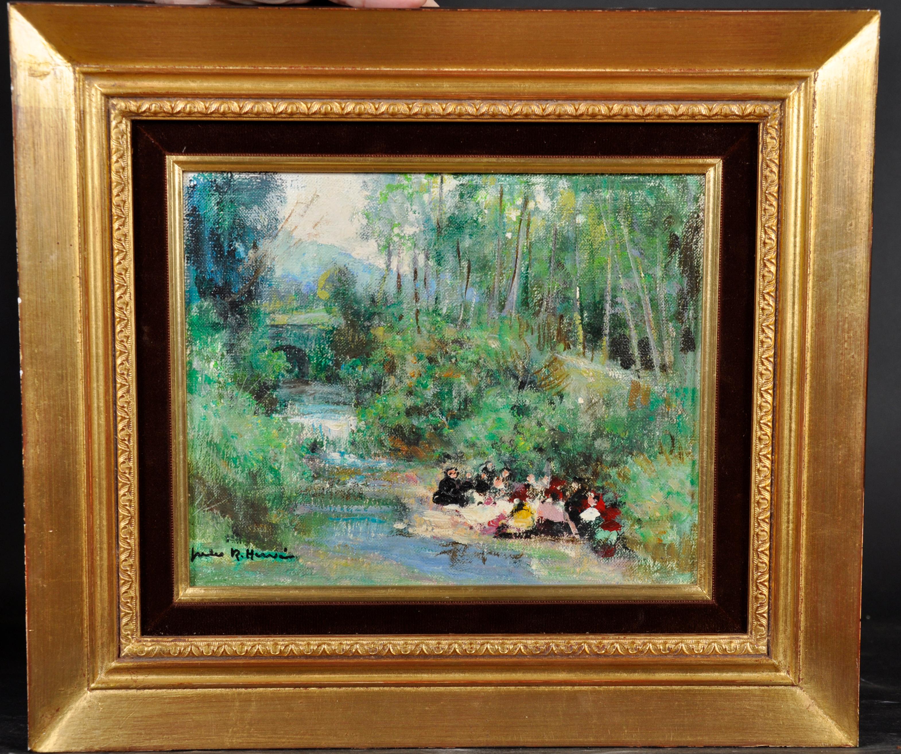 River Scene with Figures Picnicking on the Riverbank signed French oil on canvas - Painting by Jules René Hervé