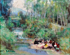 Scène de rivière avec des personnages pique-niquant au bord de la rivière signée Huile sur toile française