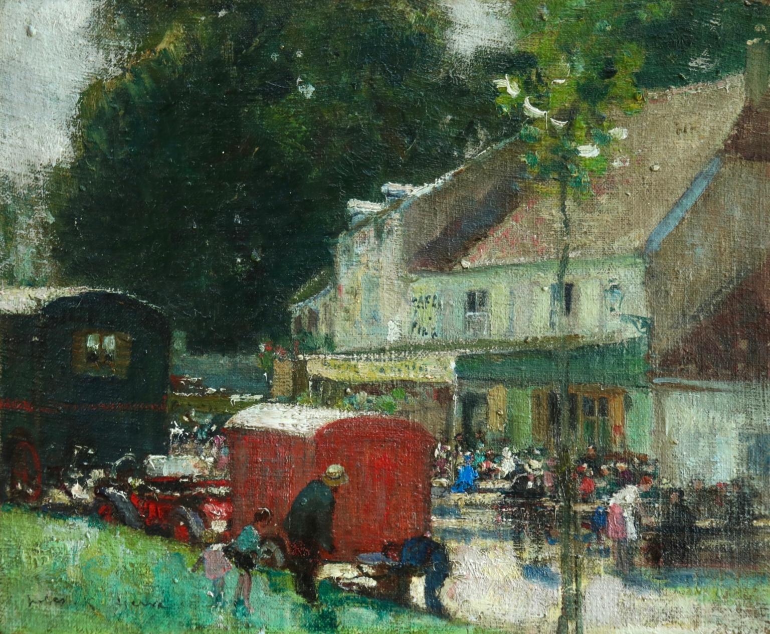 A Village Fair - Impressionist Oil, Figures in Landscape by Jules Rene Herve