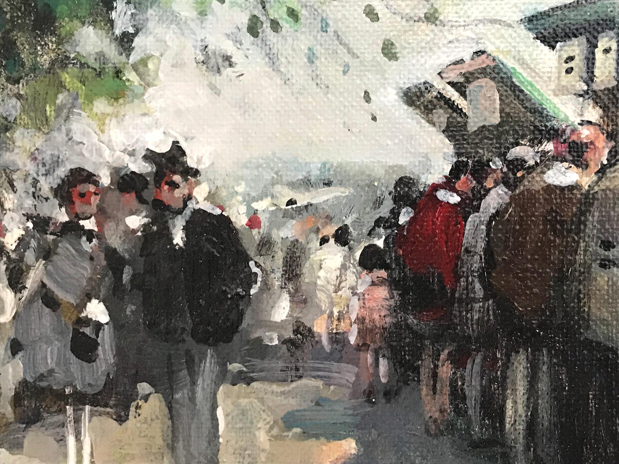 Una excepcional representación impresionista de una tarde a orillas del Sena, París, por Jules René Hervé, en un día de otoño, con la ajetreada actividad de la gente paseando y buscando una obra de arte de los artistas locales de la época.  También