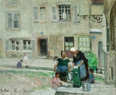 At the Well - Impressionist Oil, Figures in Landscape by Jules Rene Herve