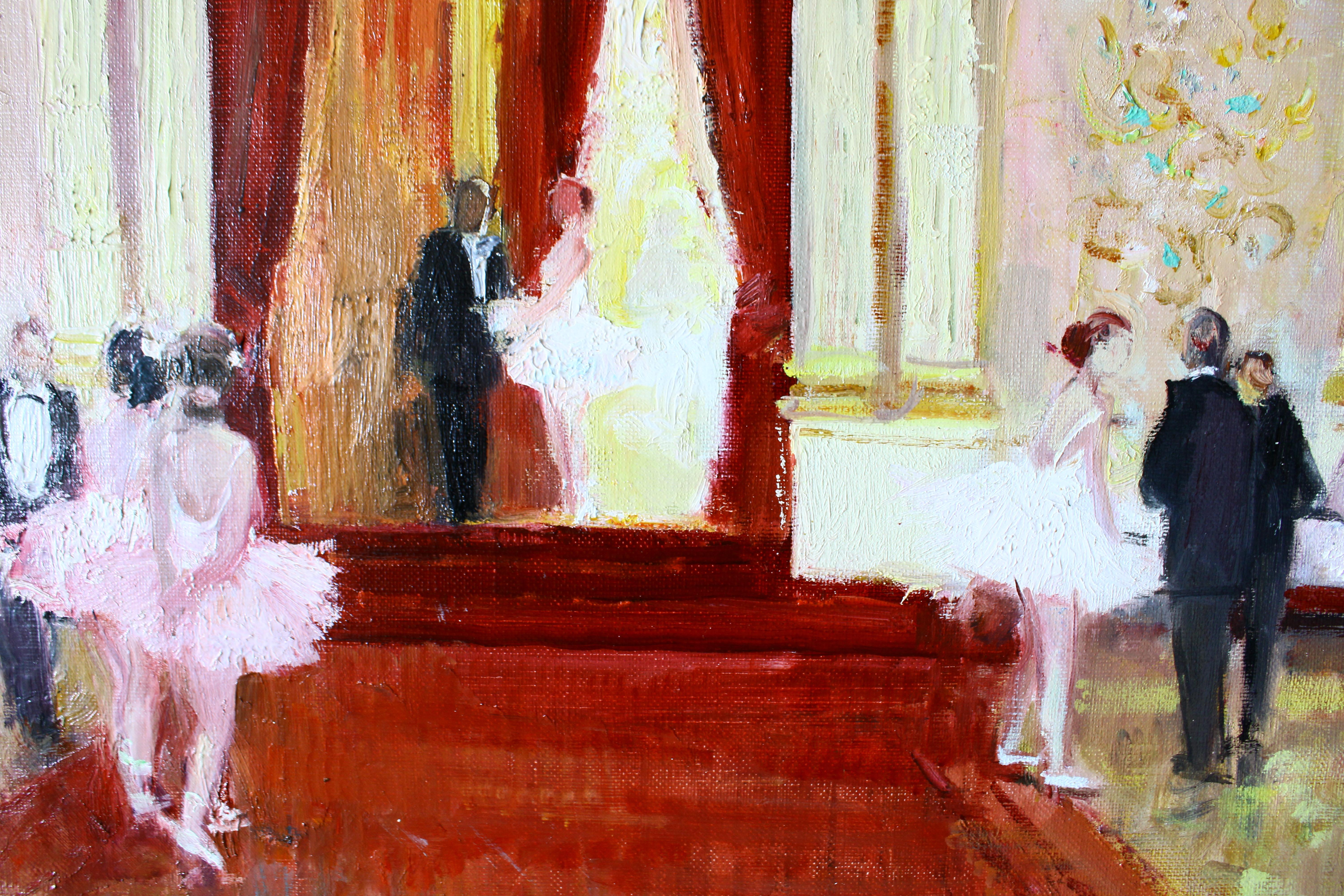 Vintage post-impressionist oil painting on stretched canvas of ballerina dancers at the opera by French artist, Max Herve (1926-2018).  Max Herve is the son of Jules René Hervé and comes from a renown family of post-impressionist artists.  This is a