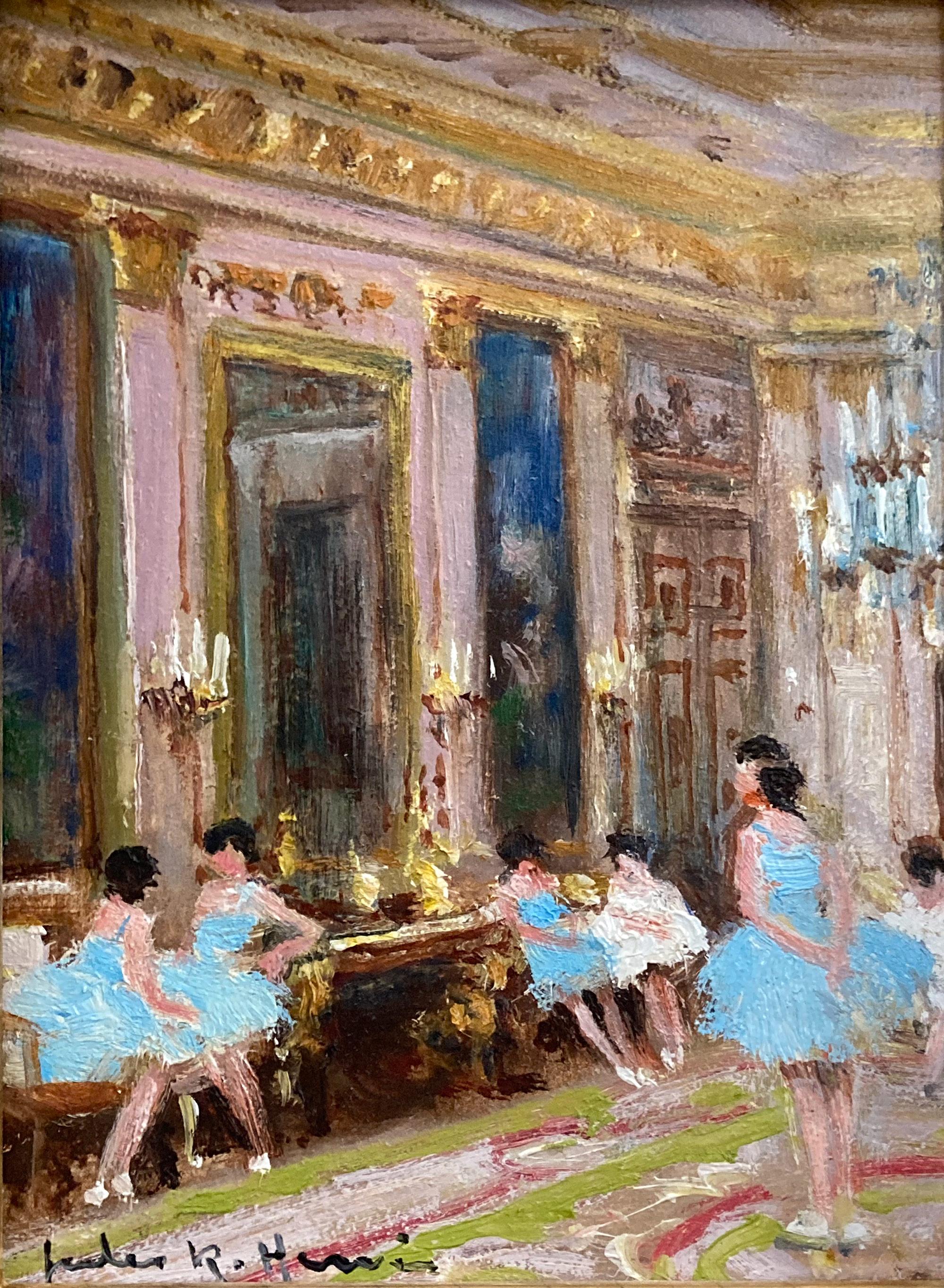 « Ballerines in Paris », peinture à l'huile impressionniste colorée d'une scène d'intérieur encadrée - Painting de Jules René Hervé