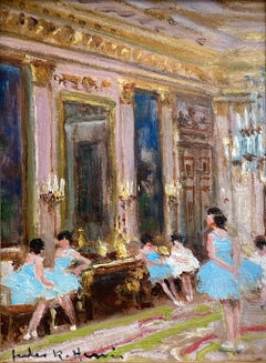 "Bailarinas en París" Pintura al óleo de una colorida escena interior impresionista Enmarcada