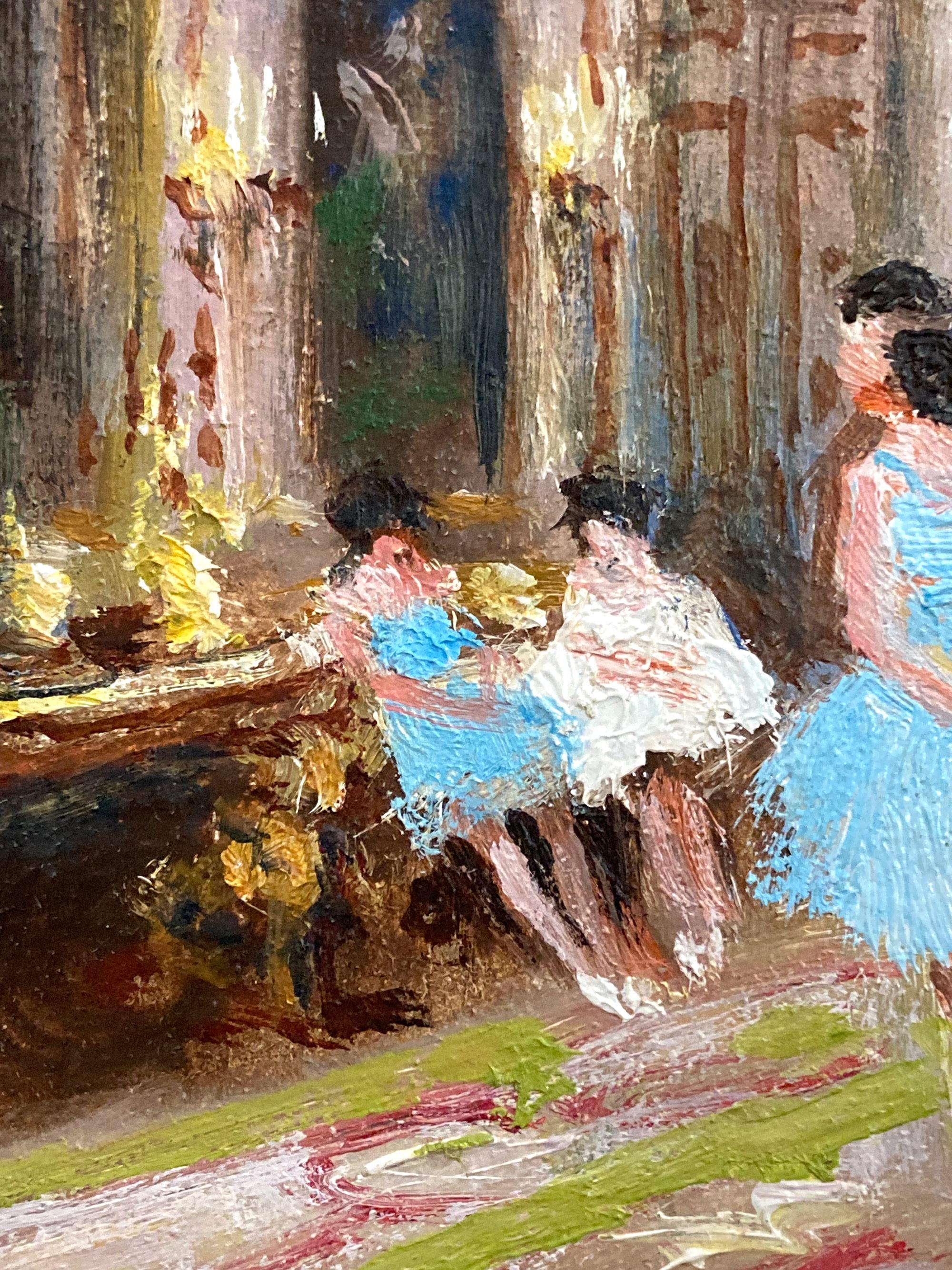 « Ballerines in Paris », peinture à l'huile impressionniste colorée d'une scène d'intérieur encadrée - Marron Interior Painting par Jules René Hervé