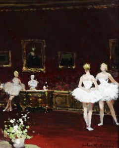 Vintage Ballet Dancers - 20th Century Oil, Figures in Interior by Jules Rene Herve