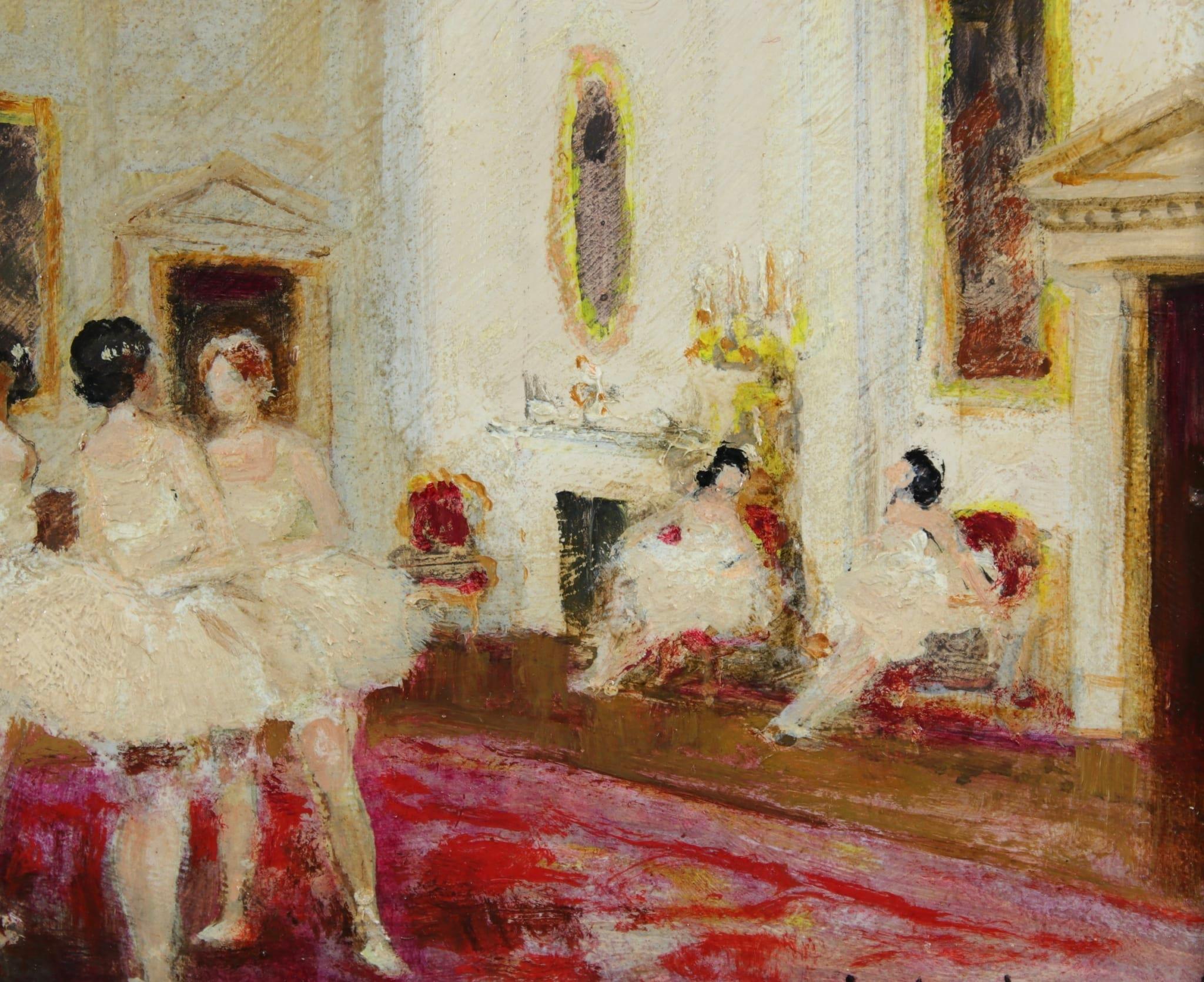 Ballet Dancers - Impressionist Oil, Figures in Interior by Jules Rene Herve - Brown Interior Painting by Jules René Hervé