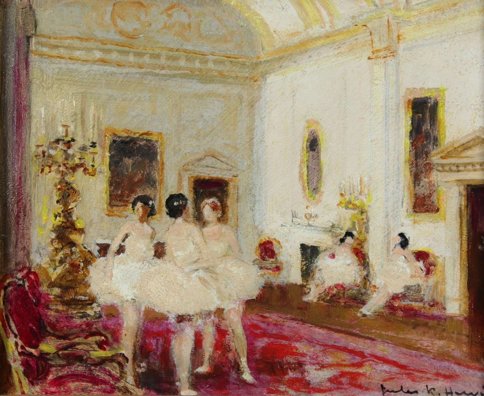 Jules René Hervé Interior Painting - Ballet Dancers - Impressionist Oil, Figures in Interior by Jules Rene Herve
