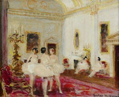 Ballet Dancers - Impressionist Oil, Figures in Interior by Jules Rene Herve