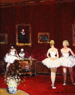 Vintage Ballet Dancers - Impressionist Oil, Figures in Interior by Jules Rene Herve