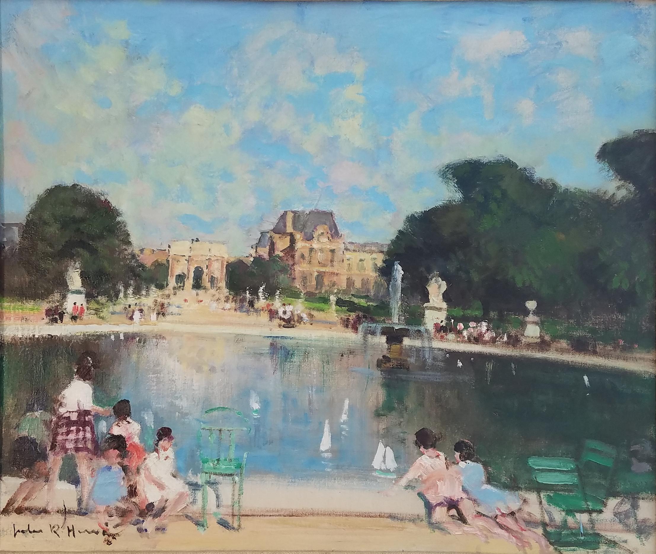 Jules René Hervé Landscape Painting - "Bassin des Tuilleries and the Louvre, Paris, " Jules Herve, French Impressionism