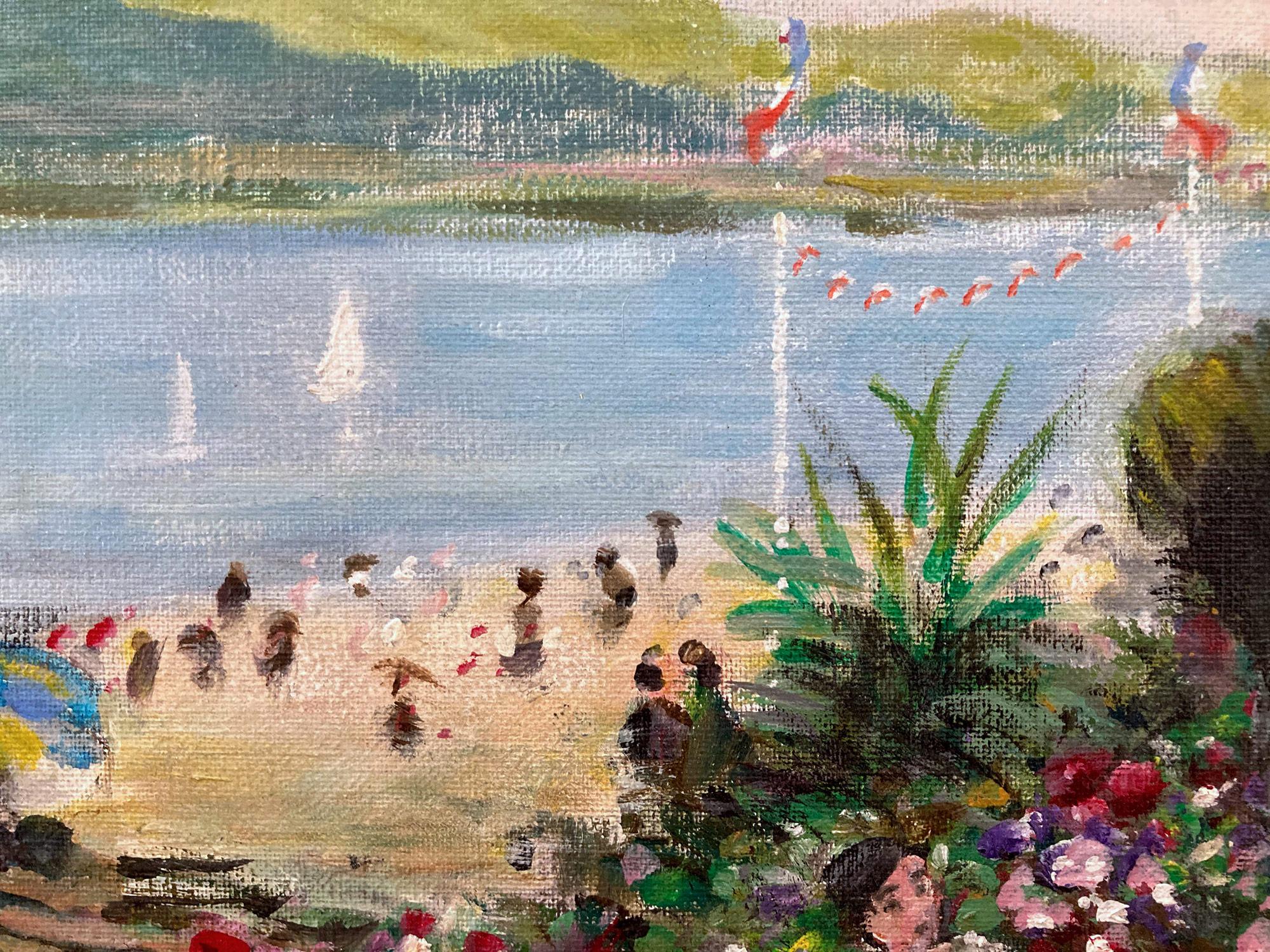 « Cafe by the Beach in the Summer » - Peinture à l'huile impressionniste sur toile avec personnages en vente 4