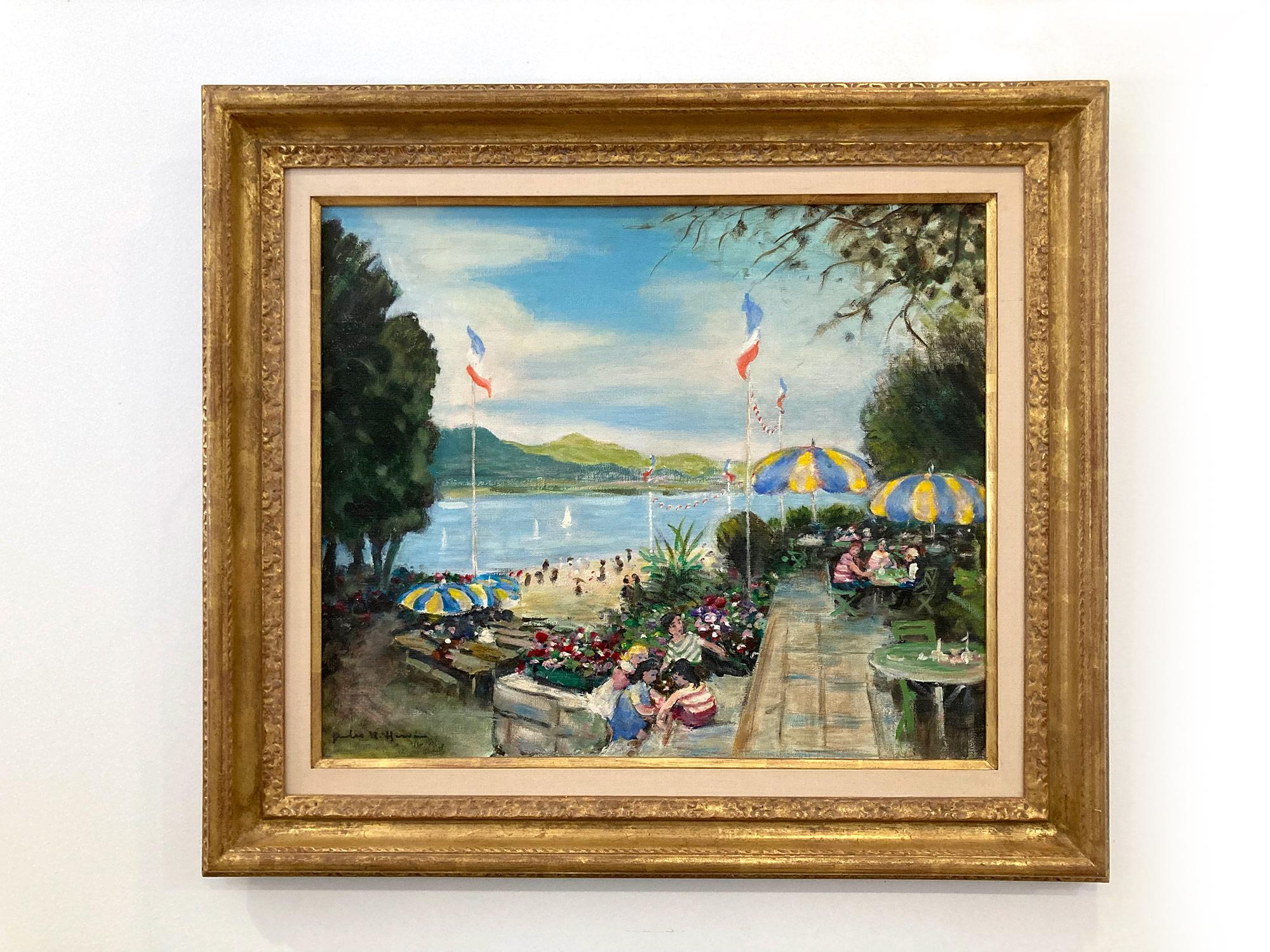 « Cafe by the Beach in the Summer » - Peinture à l'huile impressionniste sur toile avec personnages en vente 11