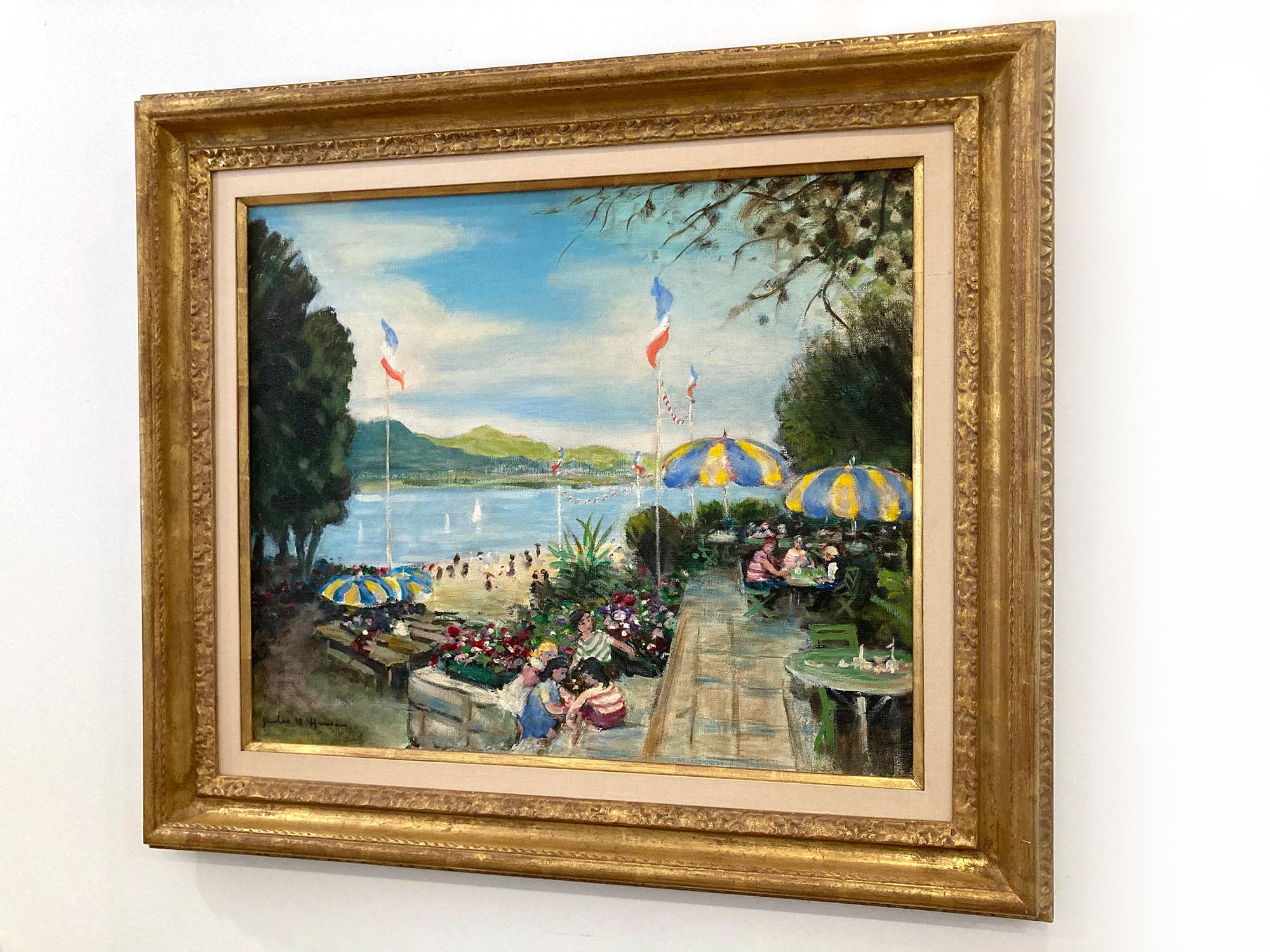 « Cafe by the Beach in the Summer » - Peinture à l'huile impressionniste sur toile avec personnages en vente 12