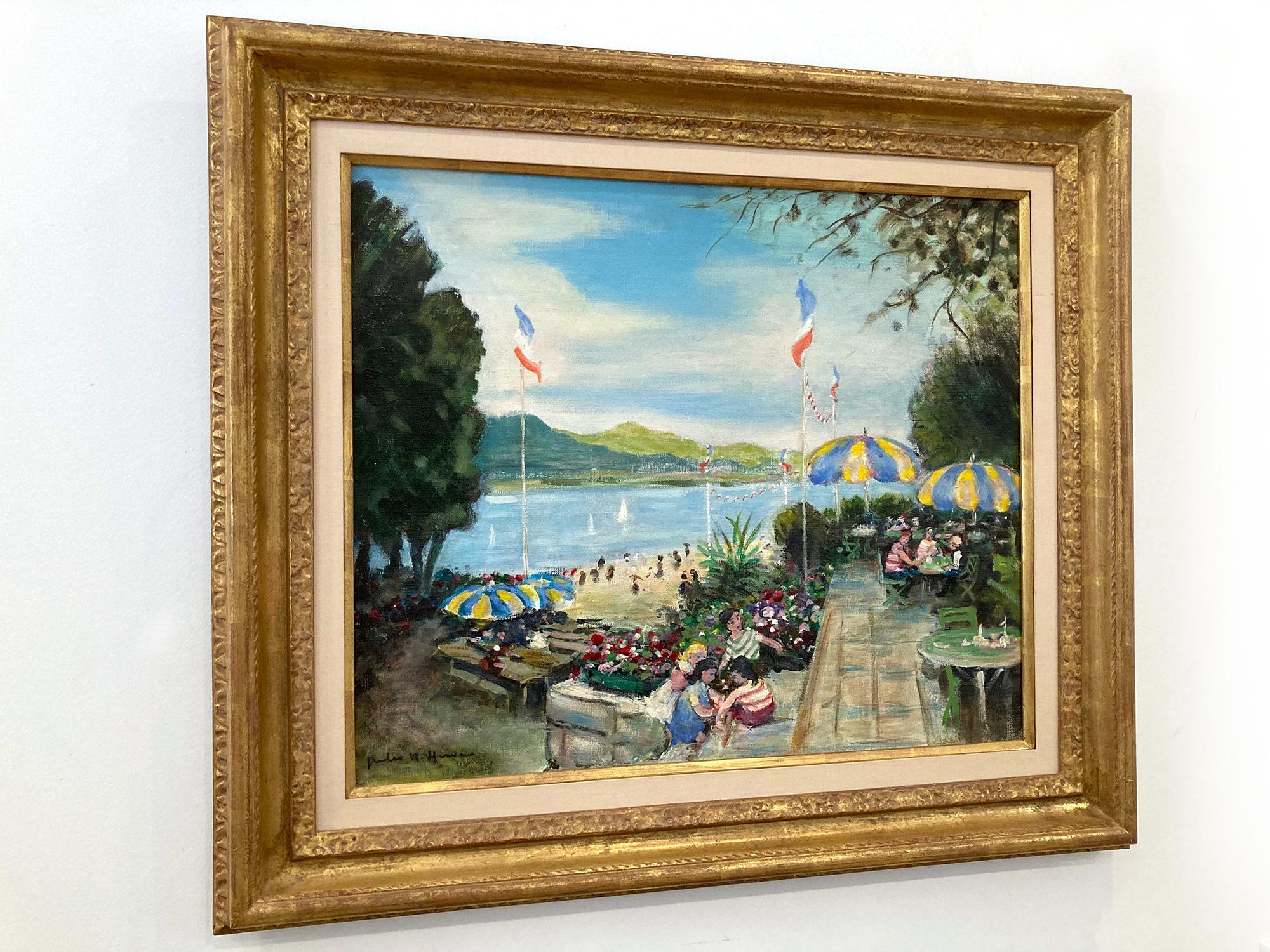 « Cafe by the Beach in the Summer » - Peinture à l'huile impressionniste sur toile avec personnages en vente 13