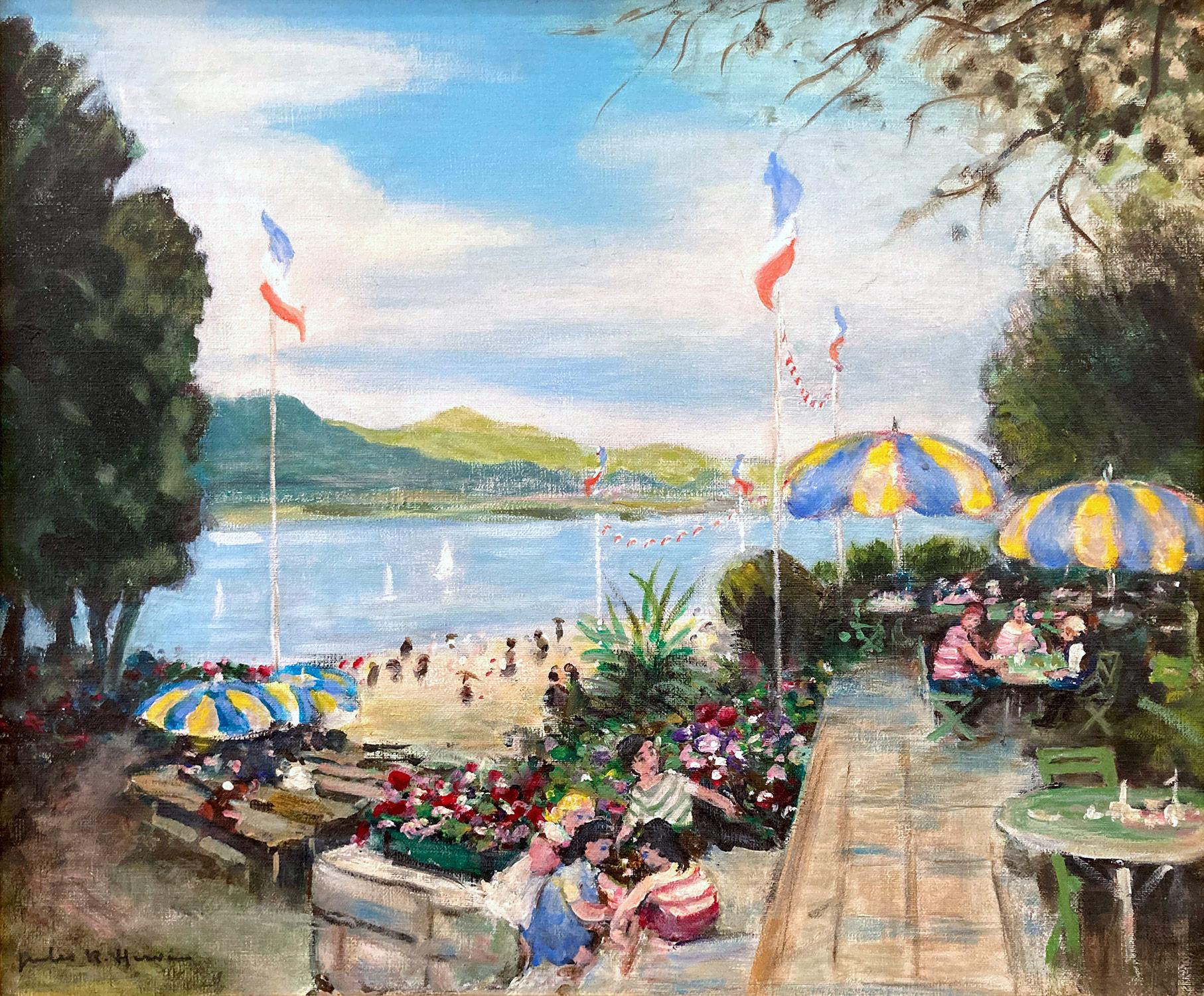 « Cafe by the Beach in the Summer » - Peinture à l'huile impressionniste sur toile avec personnages - Painting de Jules René Hervé