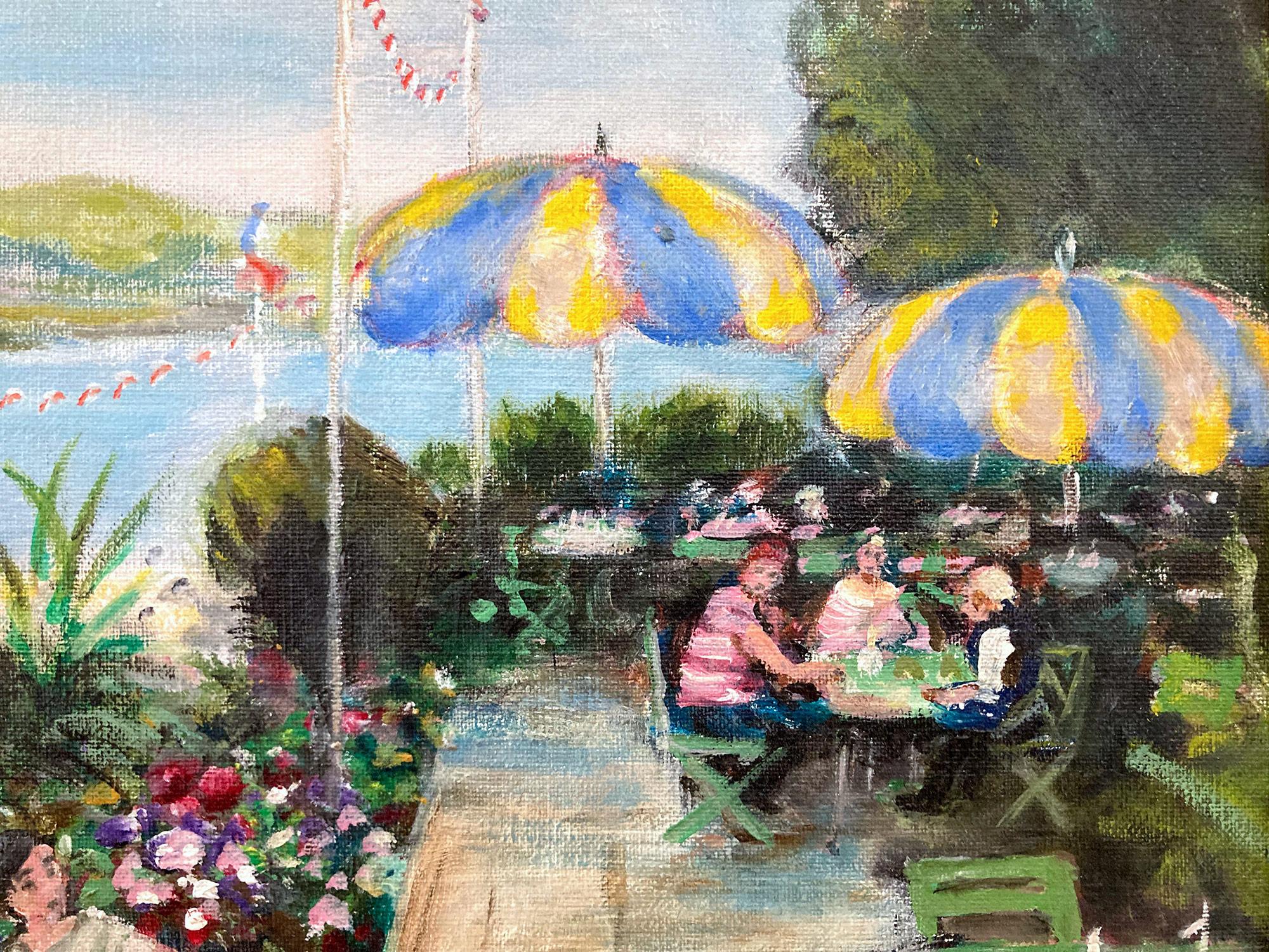 « Cafe by the Beach in the Summer » - Peinture à l'huile impressionniste sur toile avec personnages - Post-impressionnisme Painting par Jules René Hervé