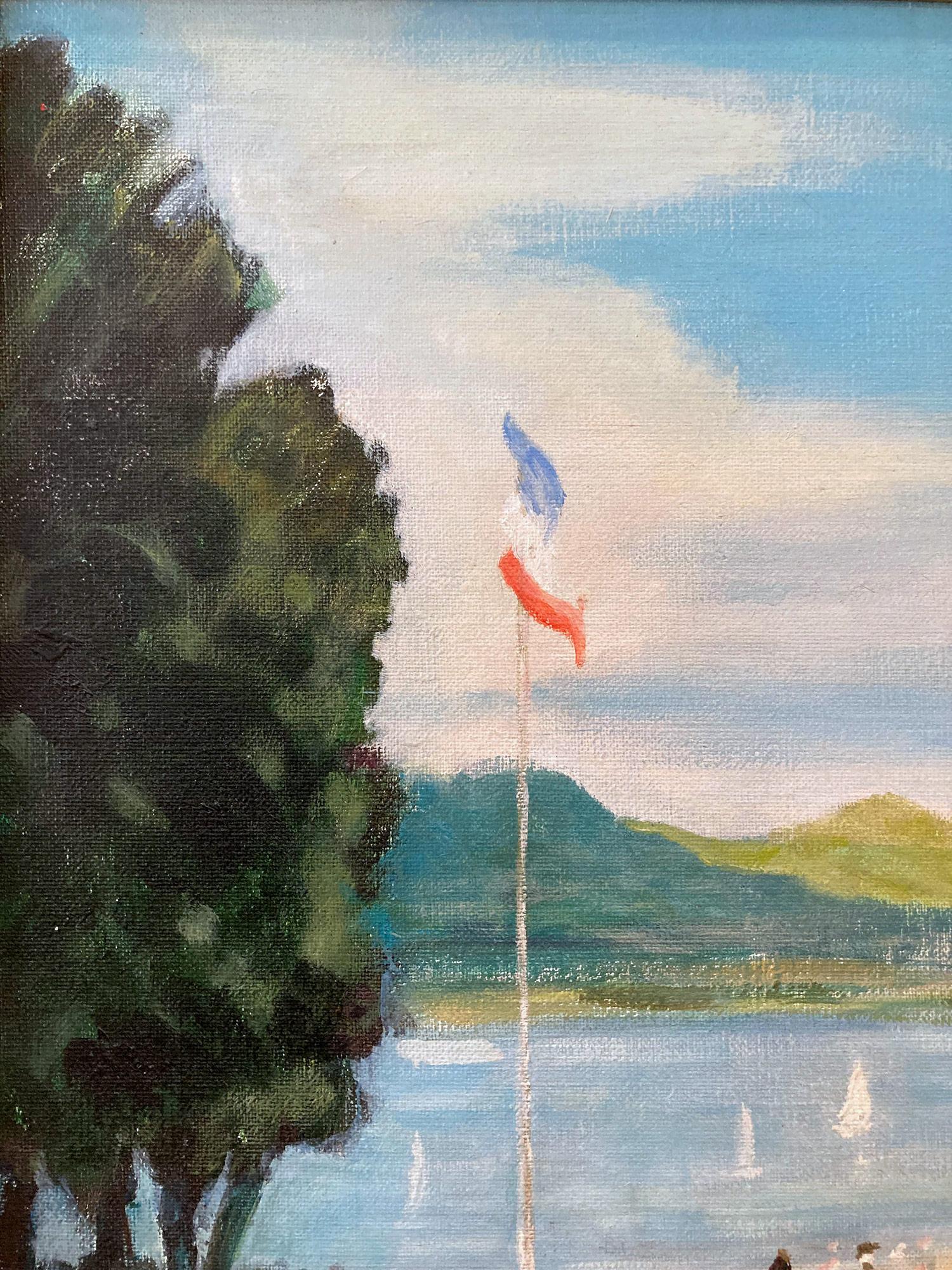 « Cafe by the Beach in the Summer » - Peinture à l'huile impressionniste sur toile avec personnages - Marron Figurative Painting par Jules René Hervé