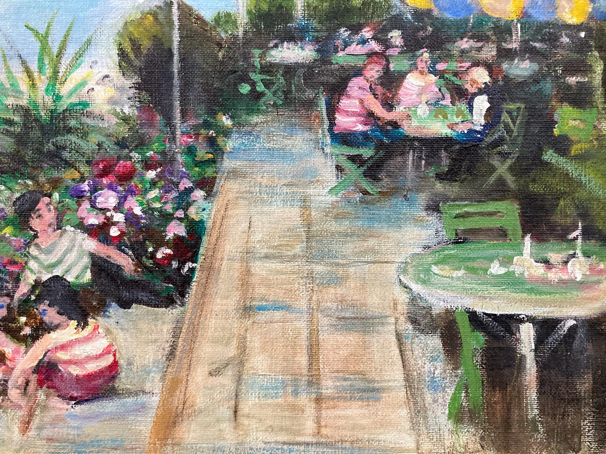 An exceptional impressionistic depiction of an afternoon at the Waterfront Cafe in Paris by Jules René Hervé. This piece takes place on a summer day with busy activities of figures leaning over the side of the cafe as children play with sailboats in