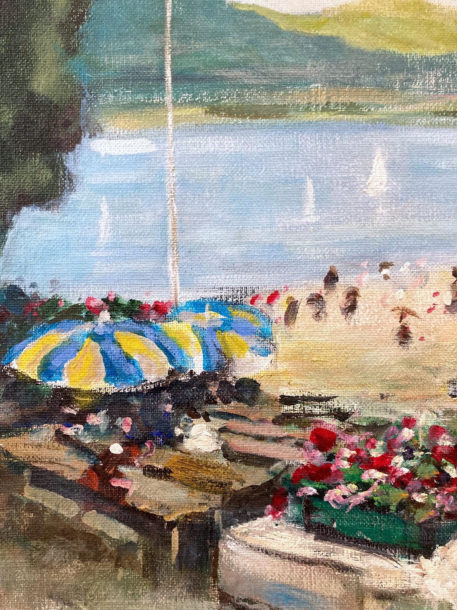 « Cafe by the Beach in the Summer » - Peinture à l'huile impressionniste sur toile avec personnages en vente 1