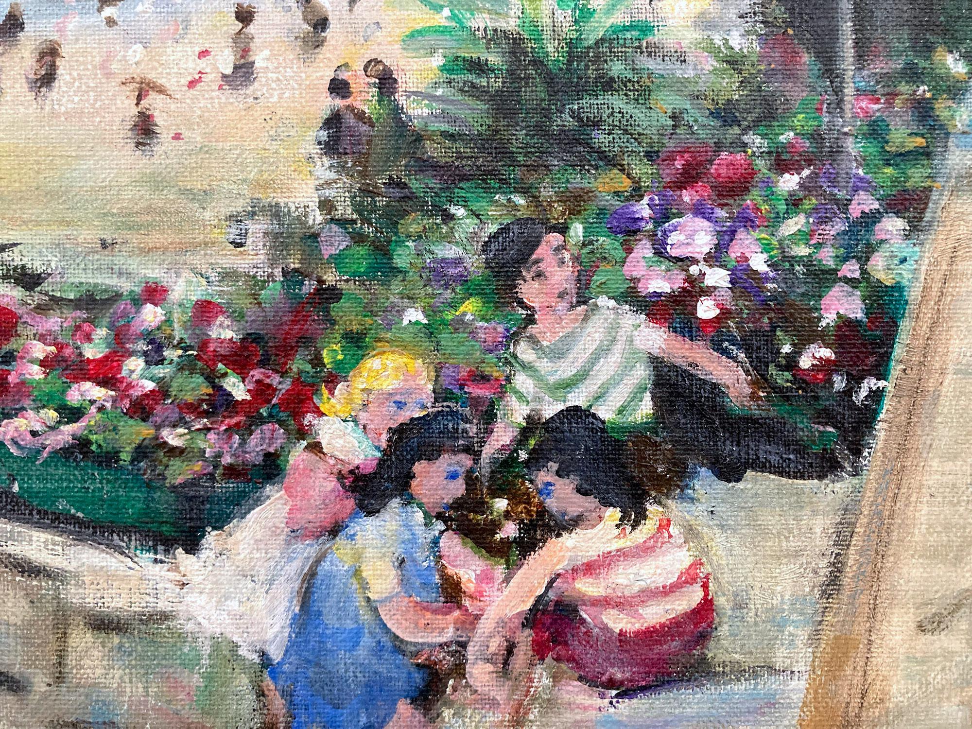 « Cafe by the Beach in the Summer » - Peinture à l'huile impressionniste sur toile avec personnages en vente 2