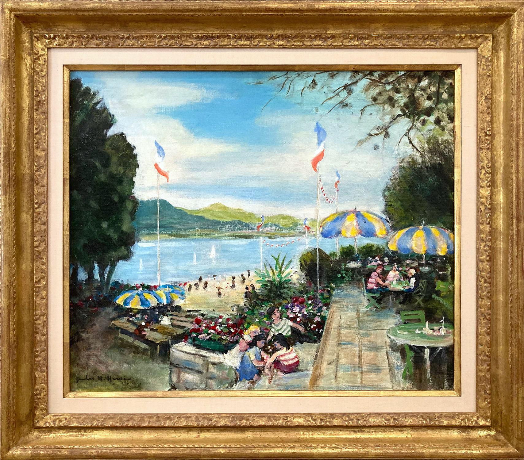 Figurative Painting Jules René Hervé - « Cafe by the Beach in the Summer » - Peinture à l'huile impressionniste sur toile avec personnages