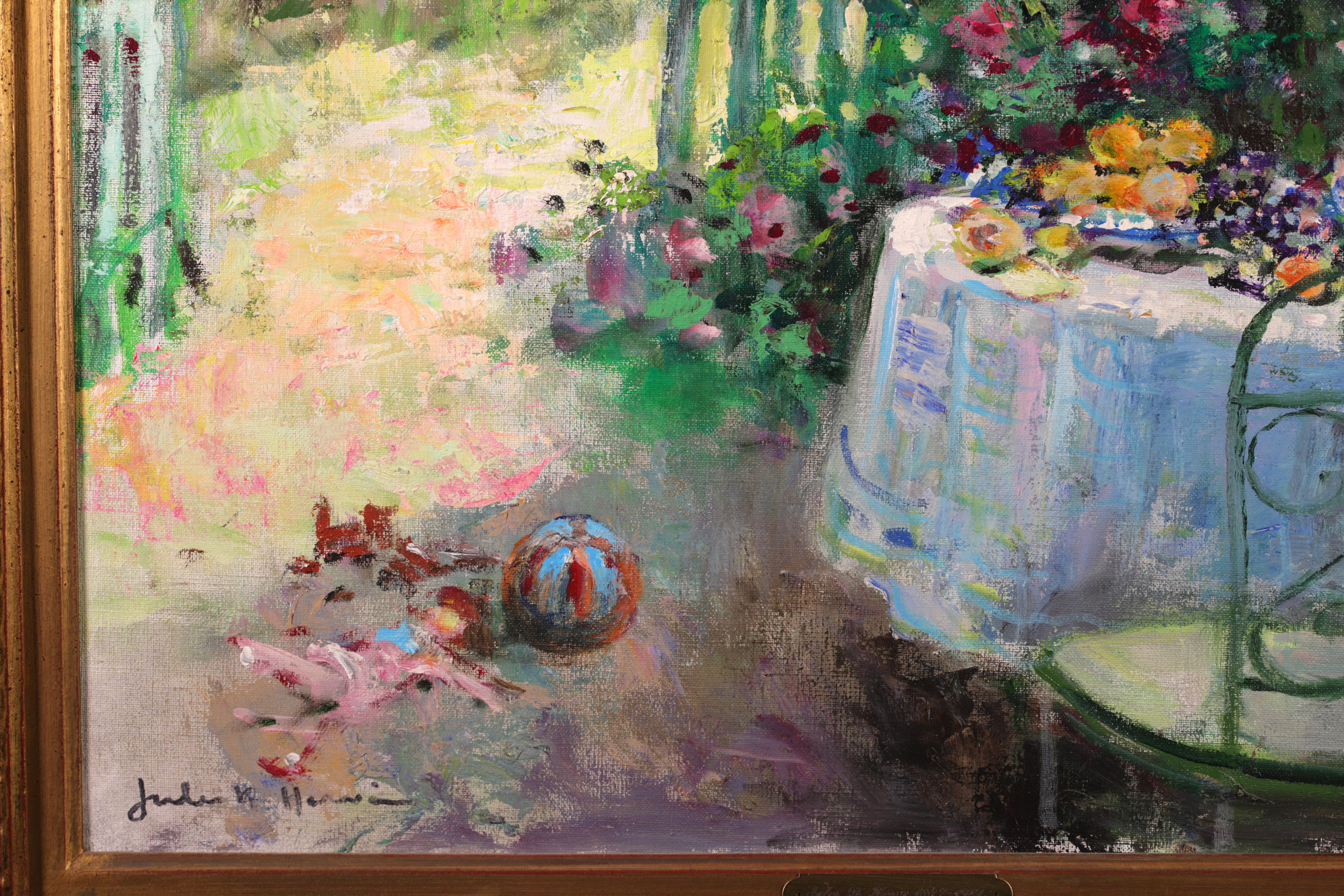 Signed impressionist oil on canvas garden landscape circa 1950 by sought after French painter Jules Rene Herve. This beautiful and large piece depicts a garden scene on a summer's day. A jug and plates of fruit are laid upon a table which sits in