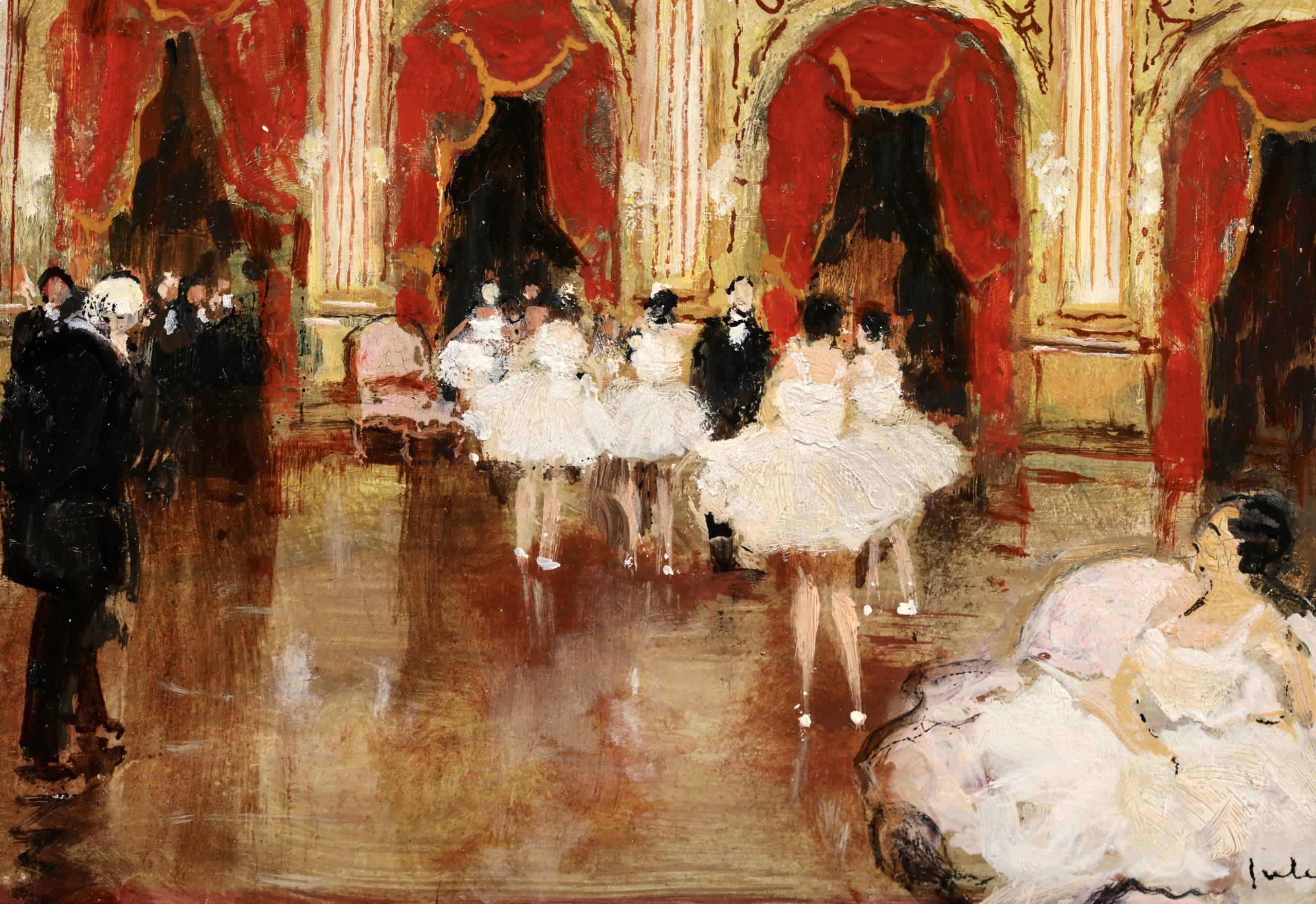 Les Danseurs - La Salle - Figures impressionnistes dans l'intérieur - Huile de Jules Rene Herve - Marron Interior Painting par Jules René Hervé