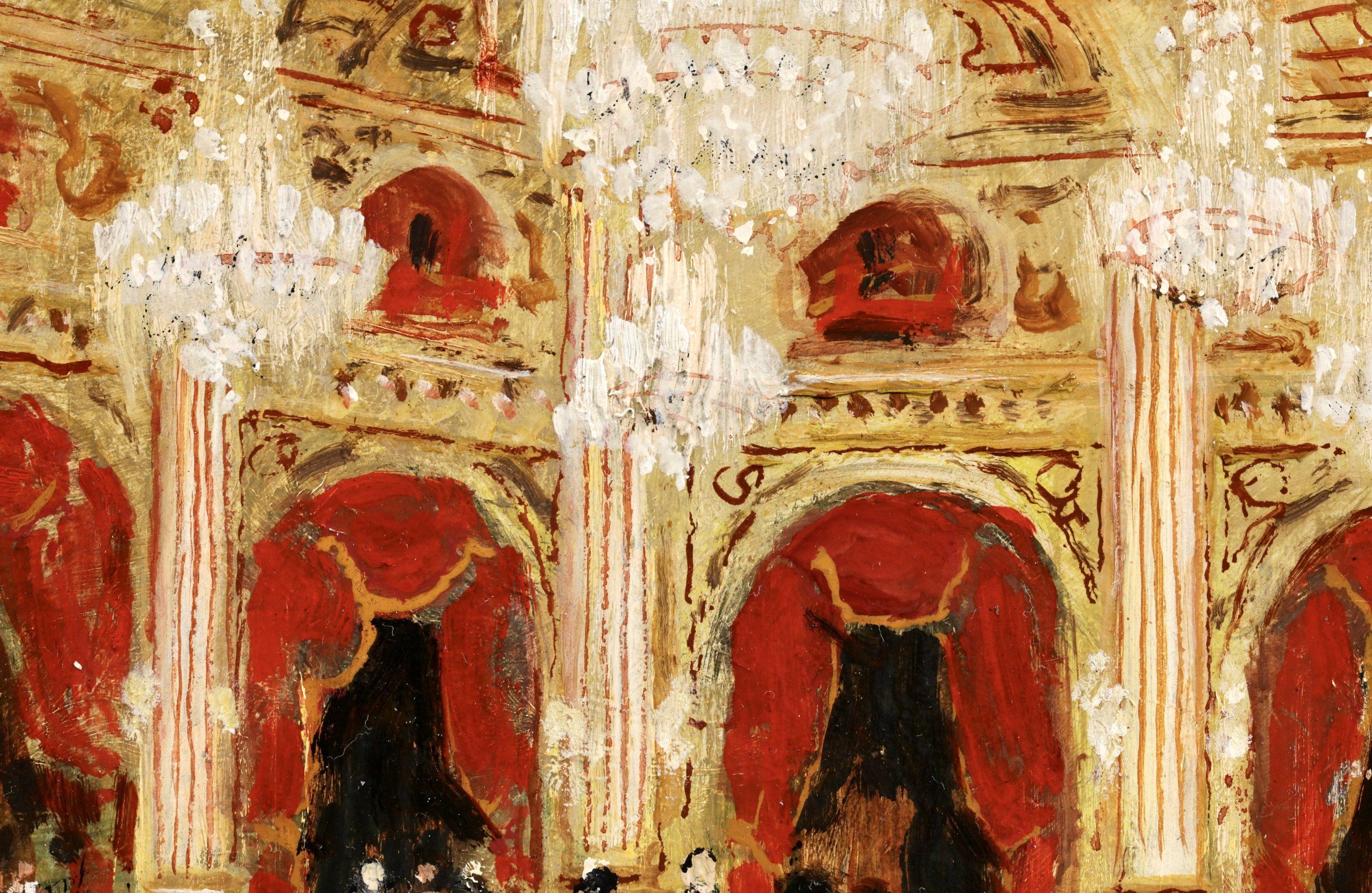 Huile sur carton signée de Jules René Hervé, peintre impressionniste français, circa 1940. Ce charmant ouvrage représente une grande salle remplie de ballerines en tutu blanc s'adressant à des messieurs. Des rideaux de velours rouge bordés d'or