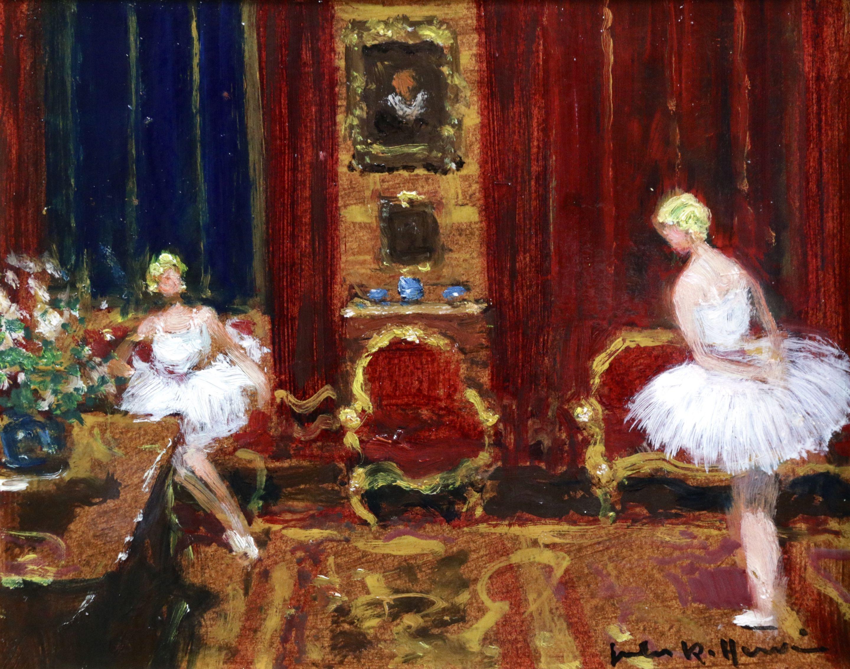Danseuse a l'Atelier - 20th Century Oil, Ballerina Figures in Interior by Herve