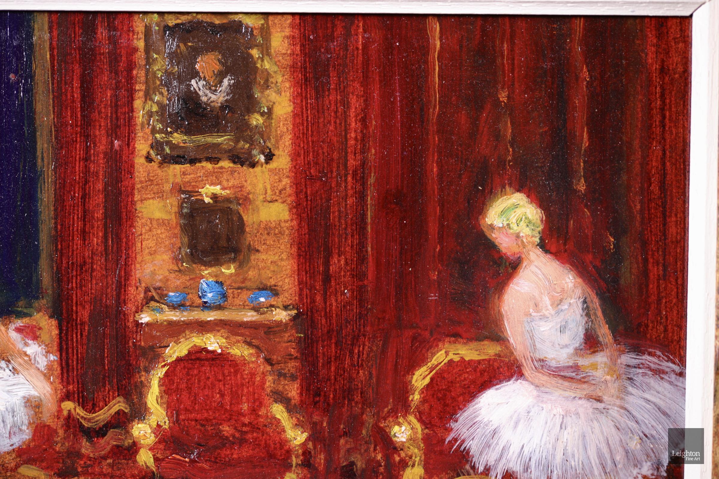 Signed impressionist figures in in interior oil on board circa 1940 by French painter Jules Rene Herve. The work depicts two blonde ballerinas - one seated one standing - dressed in white tutus in a grand room. There are three red gilded chairs
