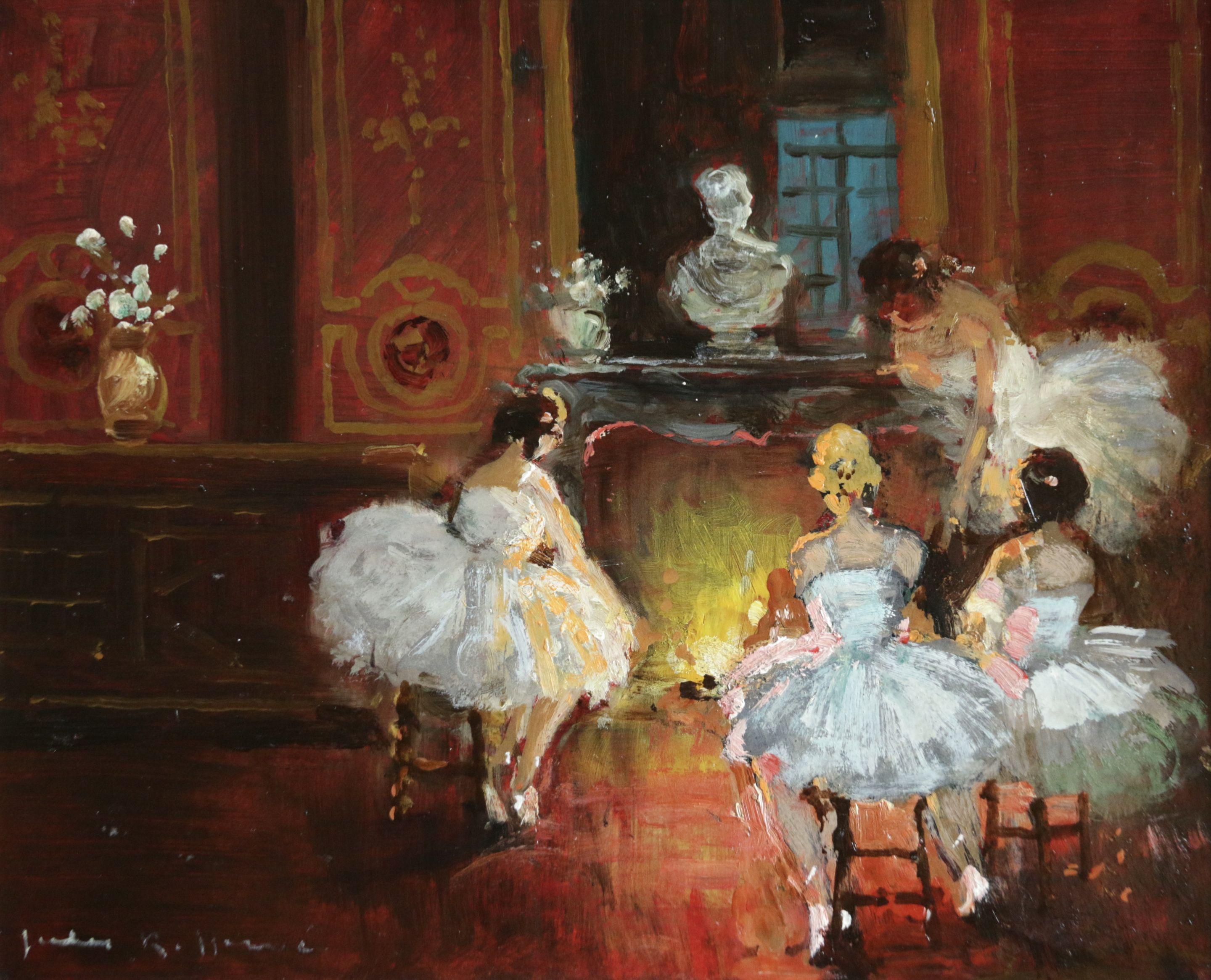 Jules René Hervé Interior Painting - "Danseuses au Coin du Feu" Herve C.19th French Impressionist Ballerinas Interior