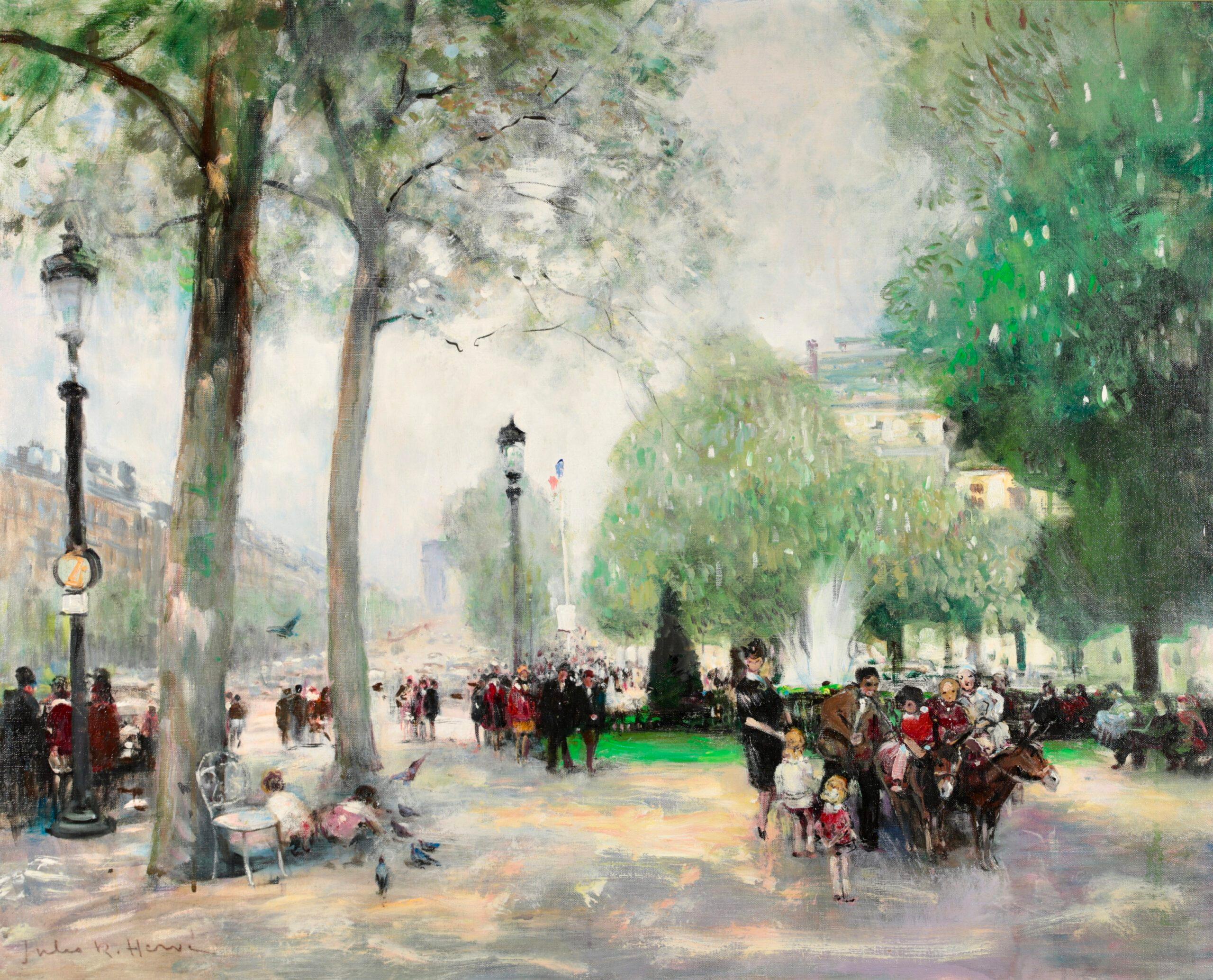 Signed figures and animals in cityscape oil on canvas circa 1940 by French impressionist painter Jules Rene Herve. This large piece depicts a view of Paris on a bright summer's day. Children enjoy donkey rides in the shade of the green trees and