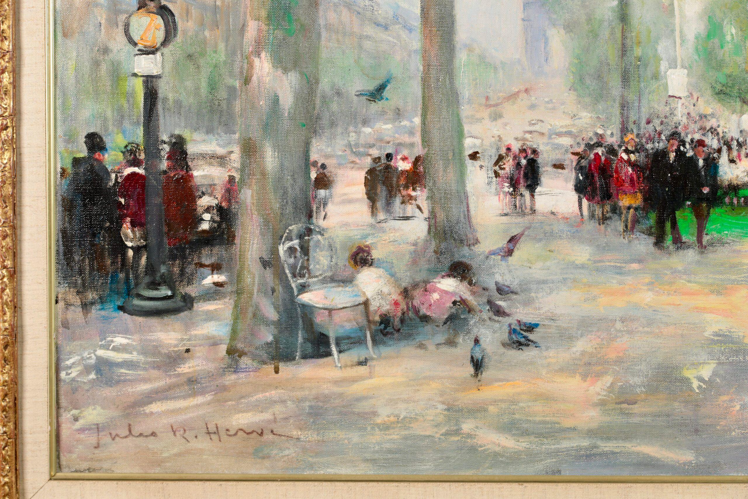 Signiert Figuren und Tiere in Stadtlandschaft Öl auf Leinwand circa 1940 von Französisch impressionistischen Maler Jules Rene Herve. Dieses großformatige Bild zeigt eine Ansicht von Paris an einem strahlenden Sommertag. Die Kinder können im Schatten