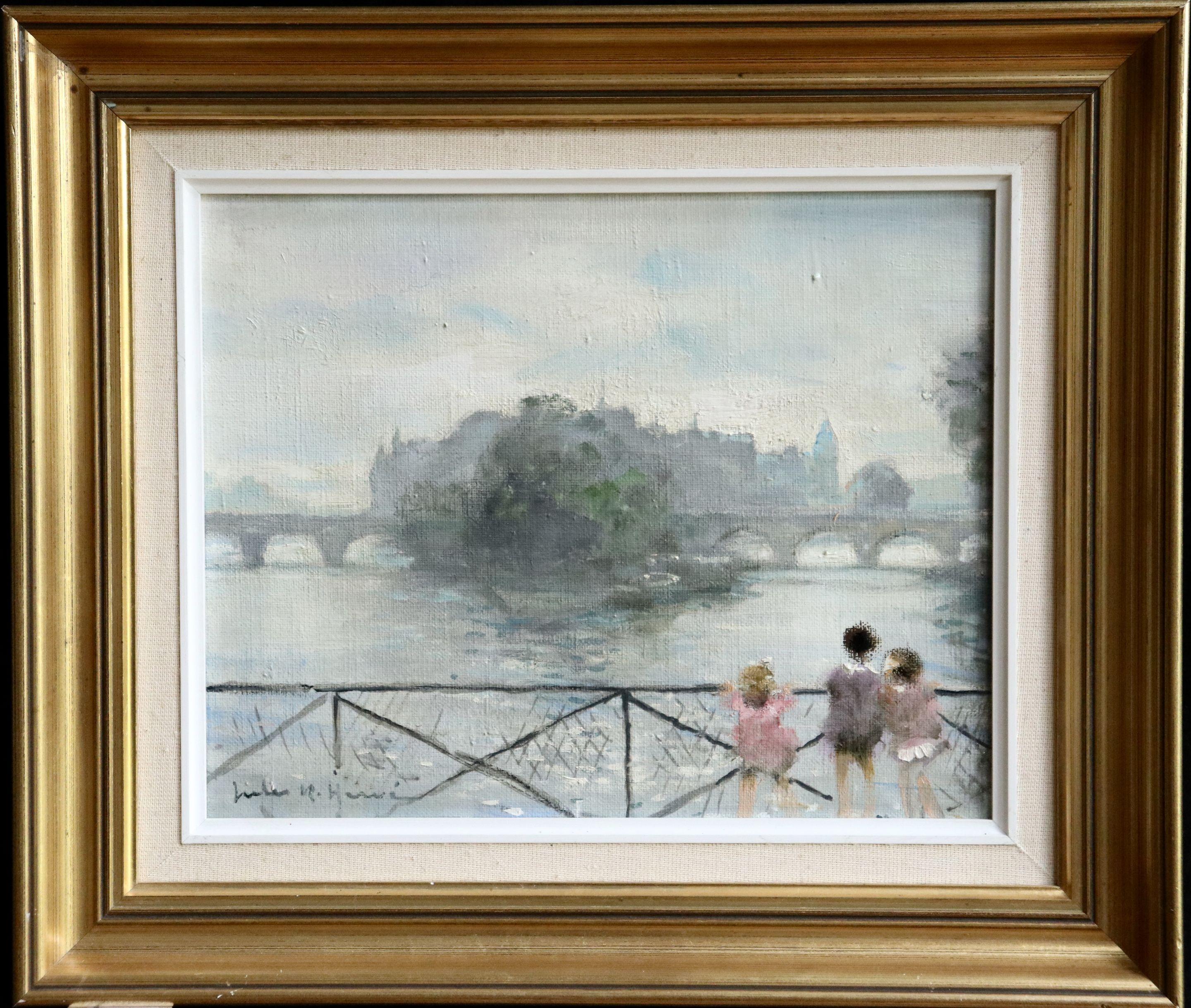 Enfants sur la Seine - 20th Century Oil, Children by River Landscape by J Herve - Painting by Jules René Hervé