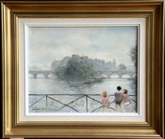 Enfants sur la Seine - 20th Century Oil, Children by River Landscape by J Herve