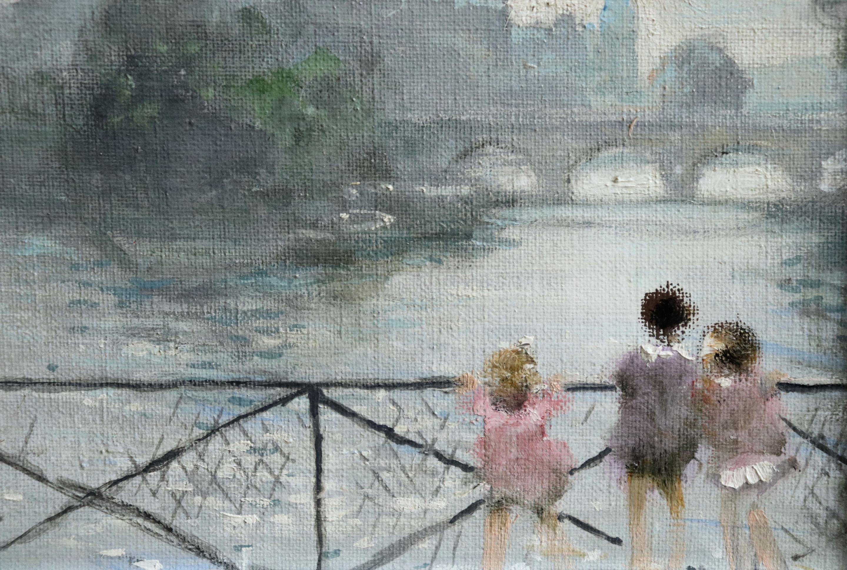 Enfants sur la Seine - 20th Century Oil, Children by River Landscape by J Herve - Gray Figurative Painting by Jules René Hervé