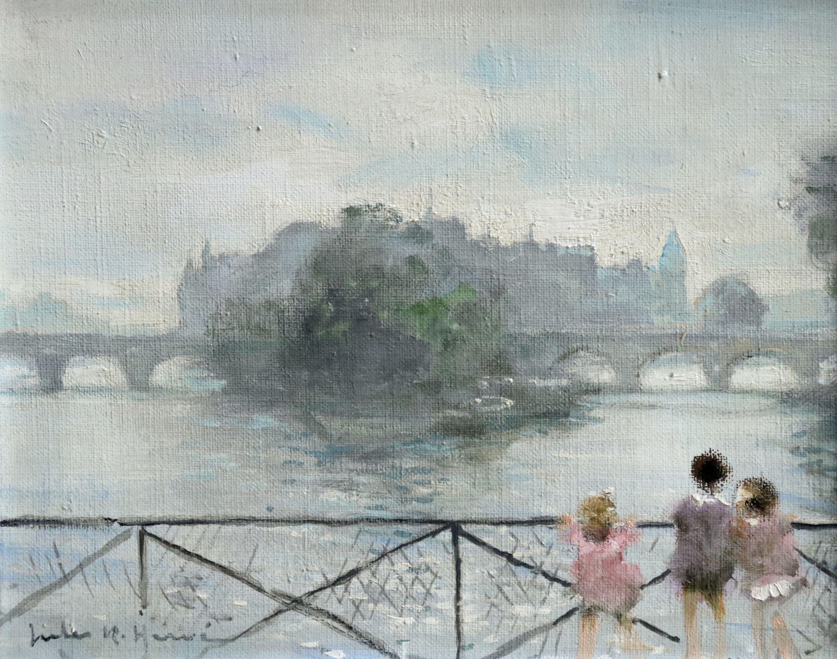 Jules René Hervé Figurative Painting - Enfants sur la Seine - 20th Century Oil, Children by River Landscape by J Herve