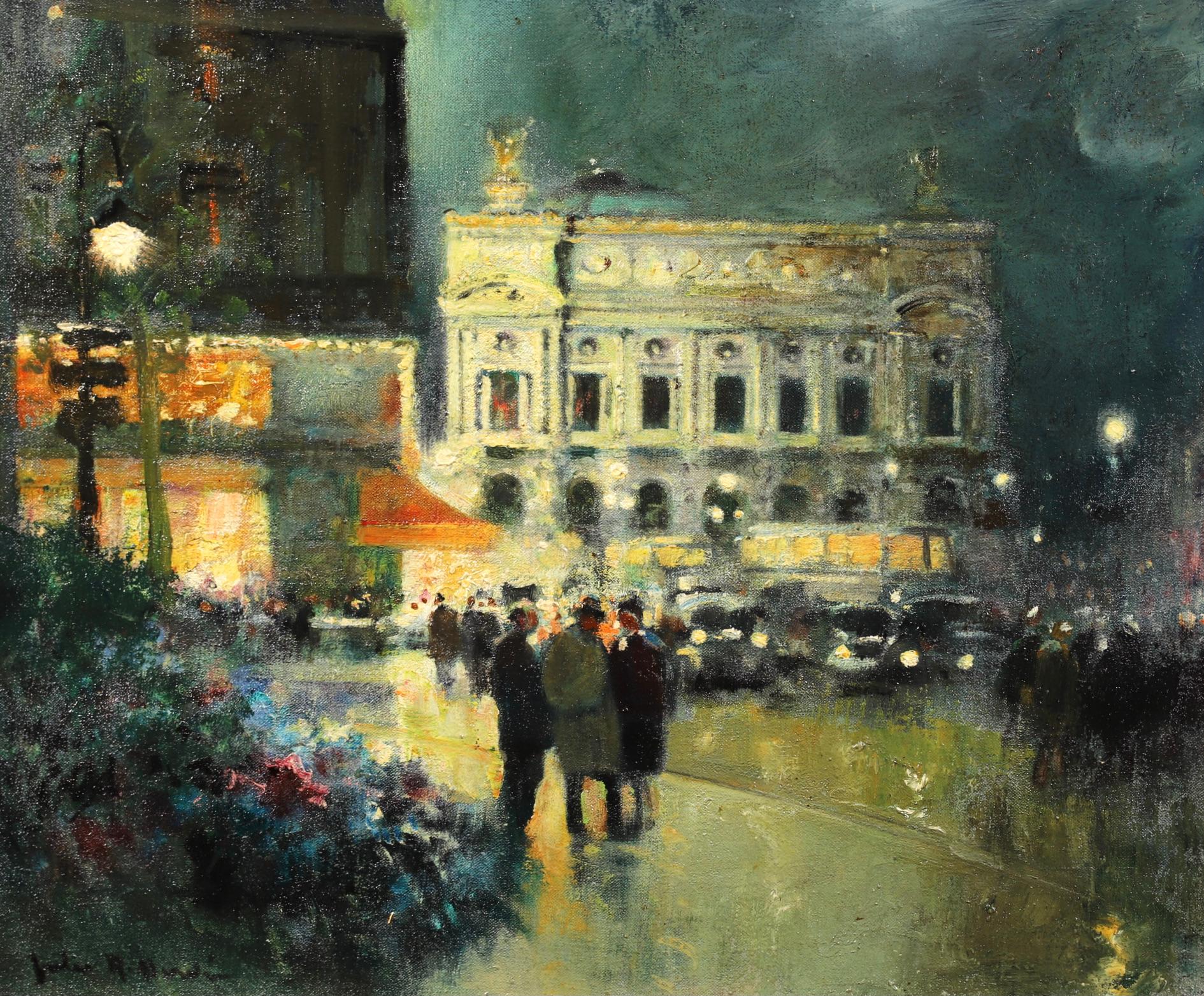 Evening - Place de l'Opera - Impressionist Cityscape Oil by Jules Rene Herve - Painting by Jules René Hervé